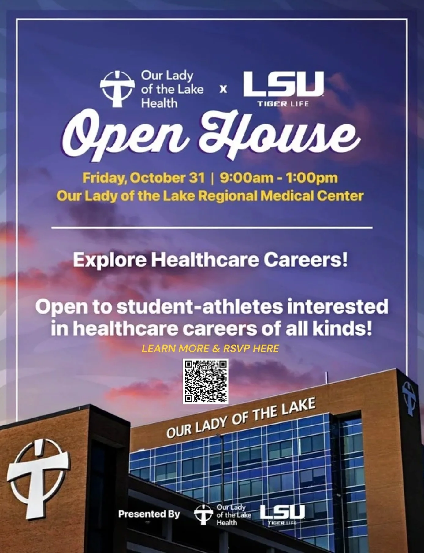 Our Lady of the Lake Open House 
Thinking about working in Healthcare? π 
Join us at OLOL to meet healthcare professionals, explore career paths, and practice real life-saving skills in LSU’s Simulation Lab! 
π
 Oct. 31st | 9 AM – 1 PM