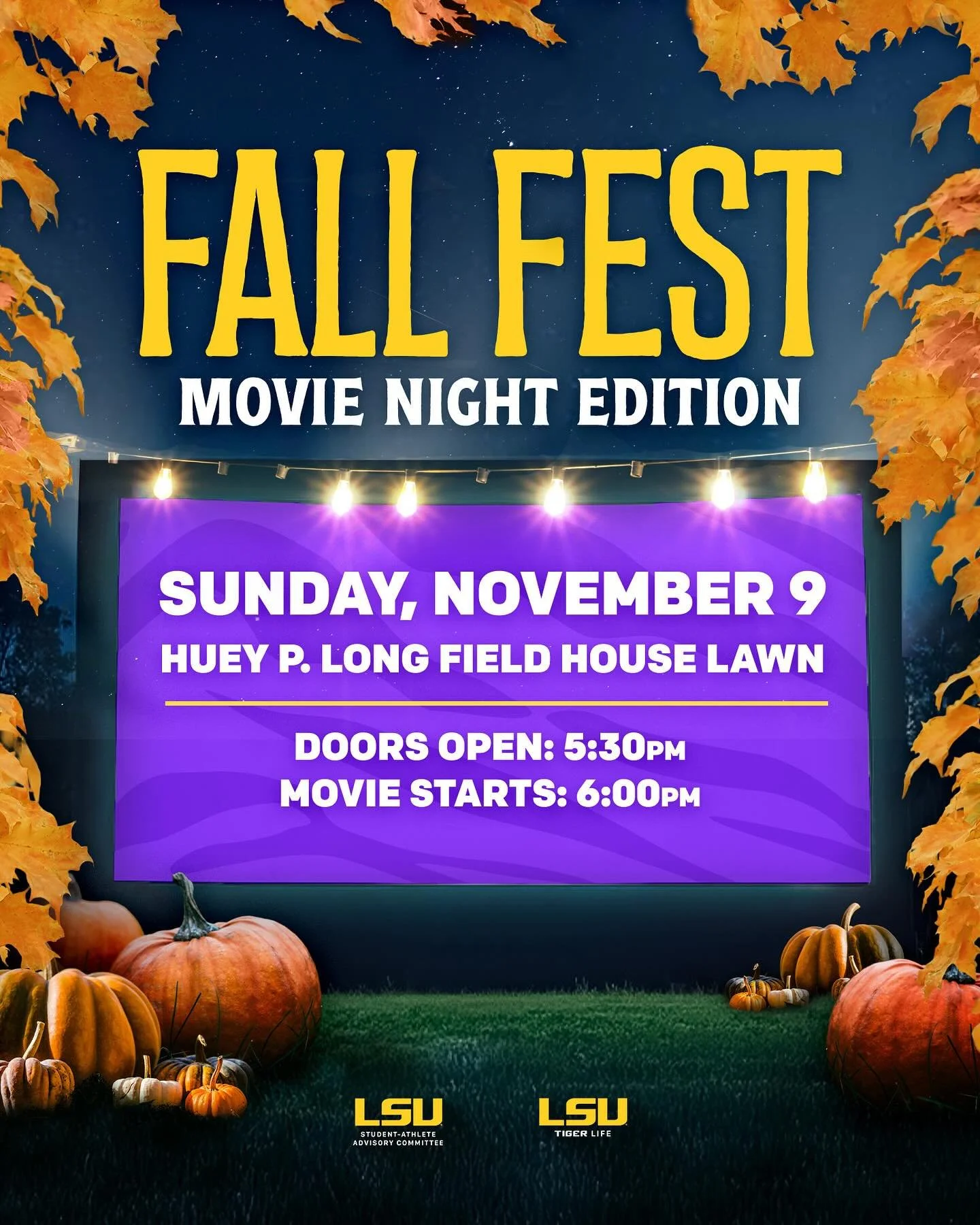 🍁🎬 Lights, pumpkins, action! Join us for Fall Fest: Movie Night Edition 🌙✨ Bring your blanket, grab your teammates, and enjoy a cozy night under the stars! 🐯💜 #FallFest #LSUTigerLife #MovieNight