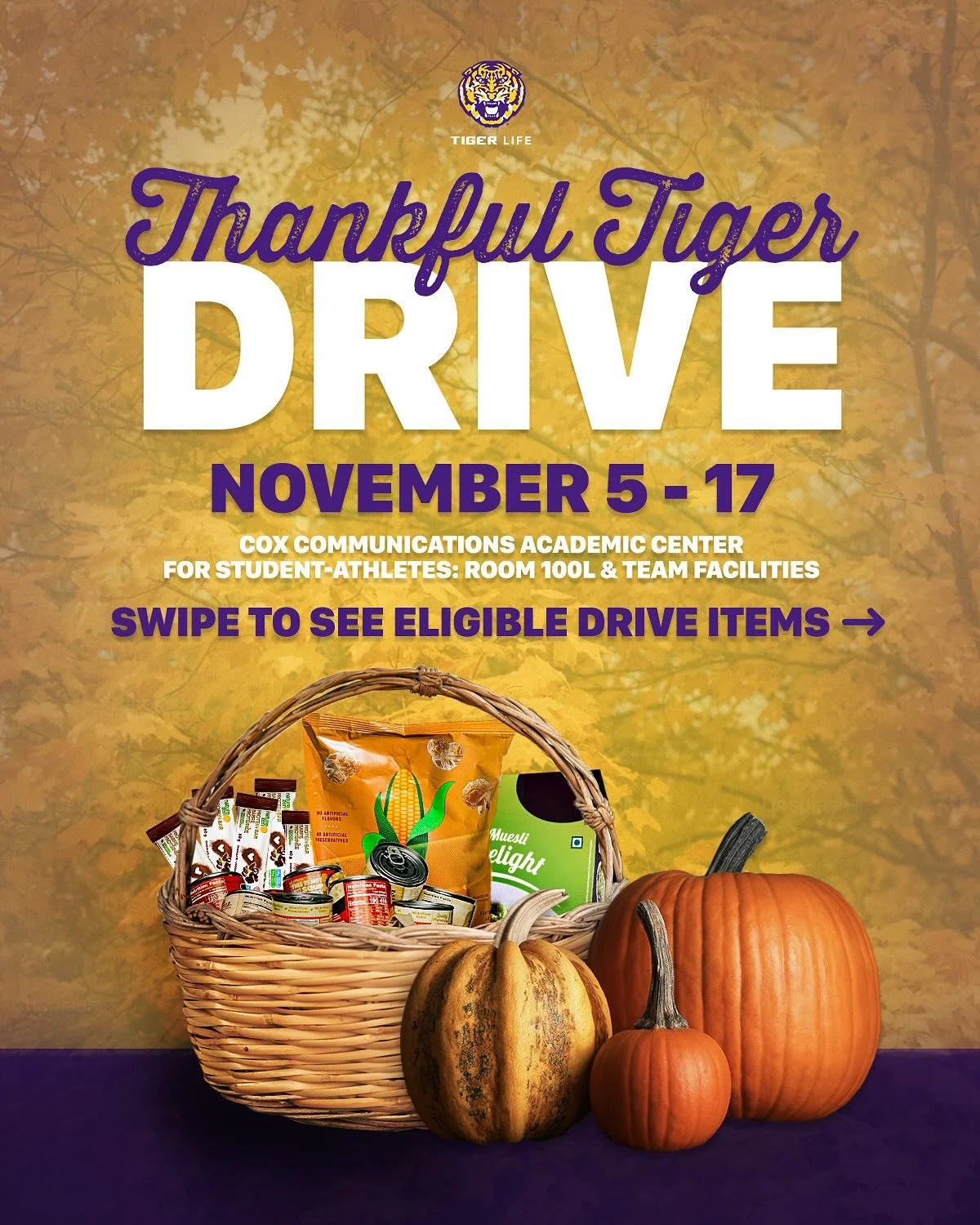 We&rsquo;ve officially kicked off this year&rsquo;s Thankful Tiger Drive! 💛 This is your chance to give back by donating goods to support LSU Campus Pantry. 

📍Drop-off bins are located in each team facility, the Cox Communications Academic Center 