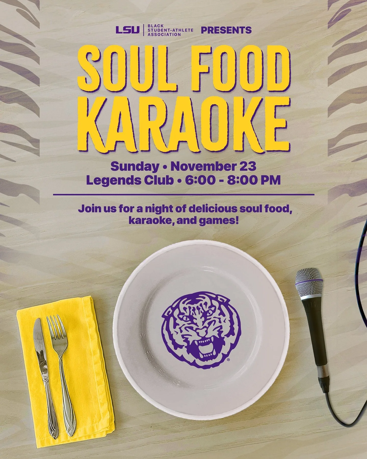 🍽️ Soul Food Karaoke Night hosted by BSAA is almost here! Join us for a night filled with good food, great music, and even better singing. 🎤#BSAA #SoulFoodKaraoke #TigerLife #GeauxTigers