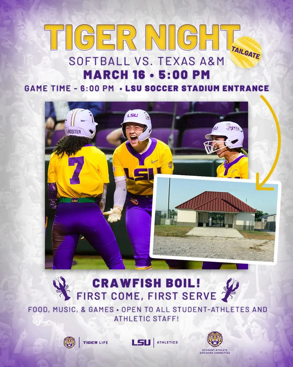 Join us March 16 for a tailgate &amp; crawfish boil before Softball takes on Texas A&amp;M. First come, first serve, food, music, and games for all student-athletes &amp; athletic staff! Come hungry and let&rsquo;s support our Tigers! 💜💛