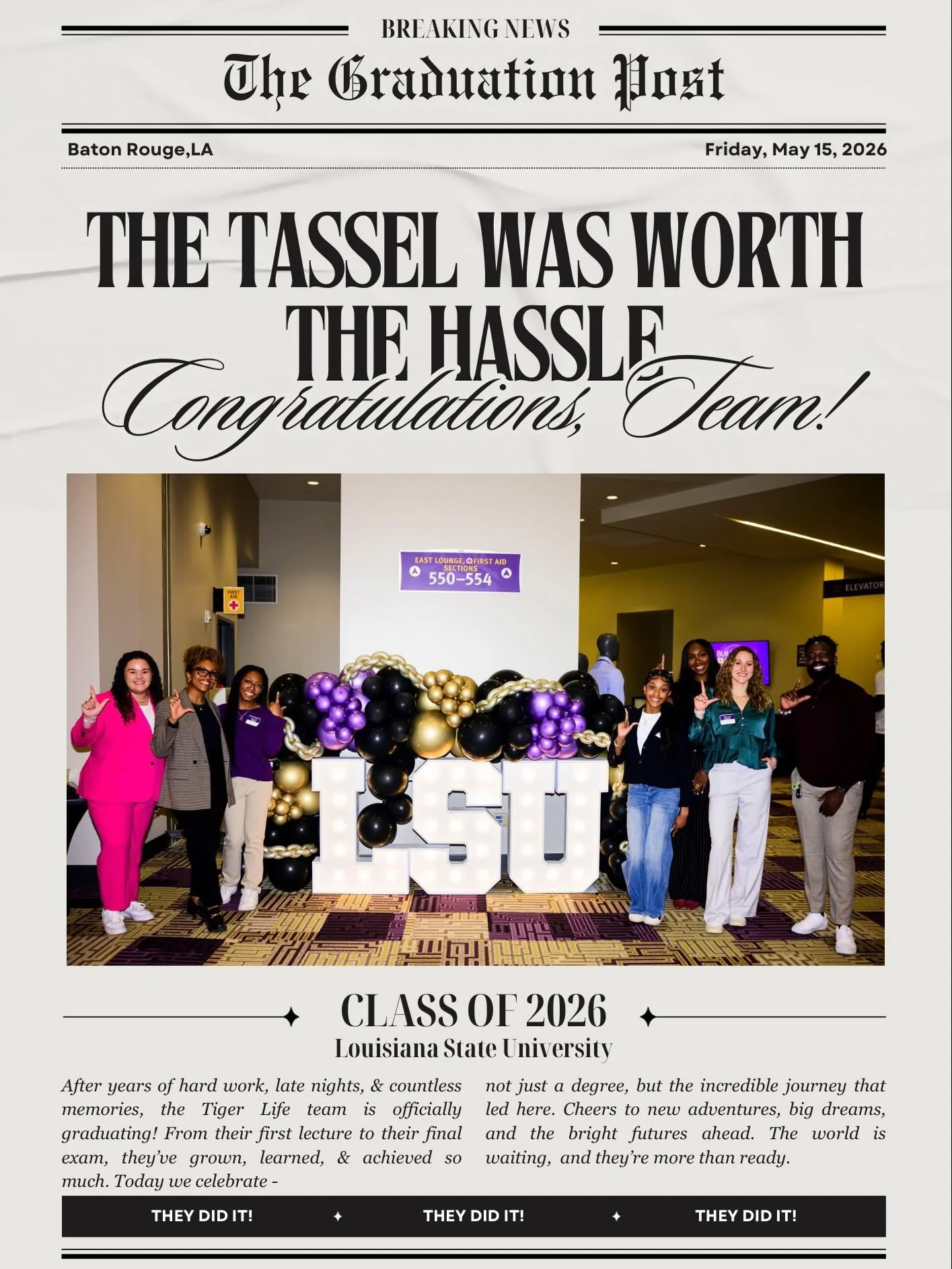 Congrats are in order for our 5 Tiger Life graduates! 🎓💜💛
Each of these students has played a pivotal role in our department, and they will be greatly missed. Join us in congratulating Amani, Genesis, Nicole, Osayame, and Sofia as they step into e