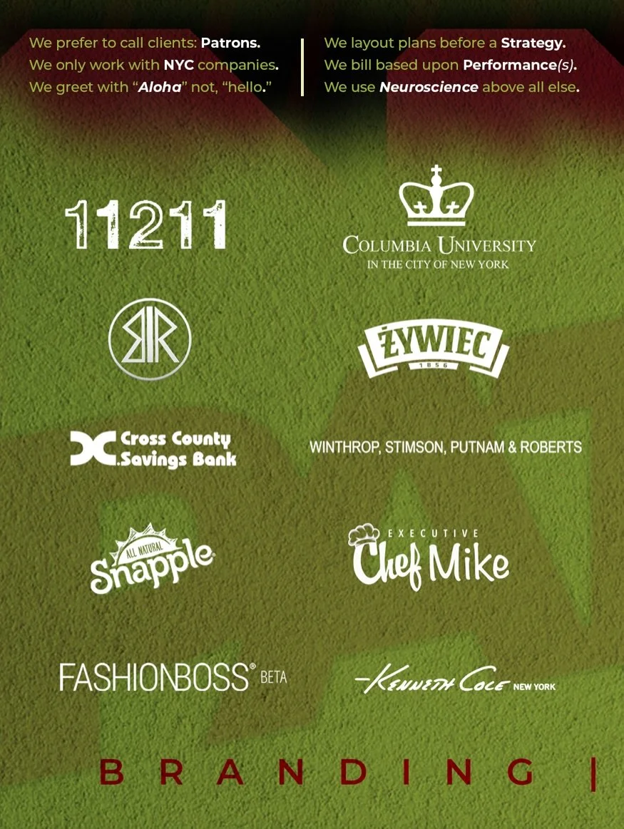 🗽

11211 ~
(Promotional Publications for Williamsburg | BK) 
&bull; Business Creation &bull; Development &bull; Business Expansion &bull; Copywriting &bull; Design 

Blue Roman ~
(Apparel Development &amp; Manufacturer) 
&bull; Brand, Market Trainin