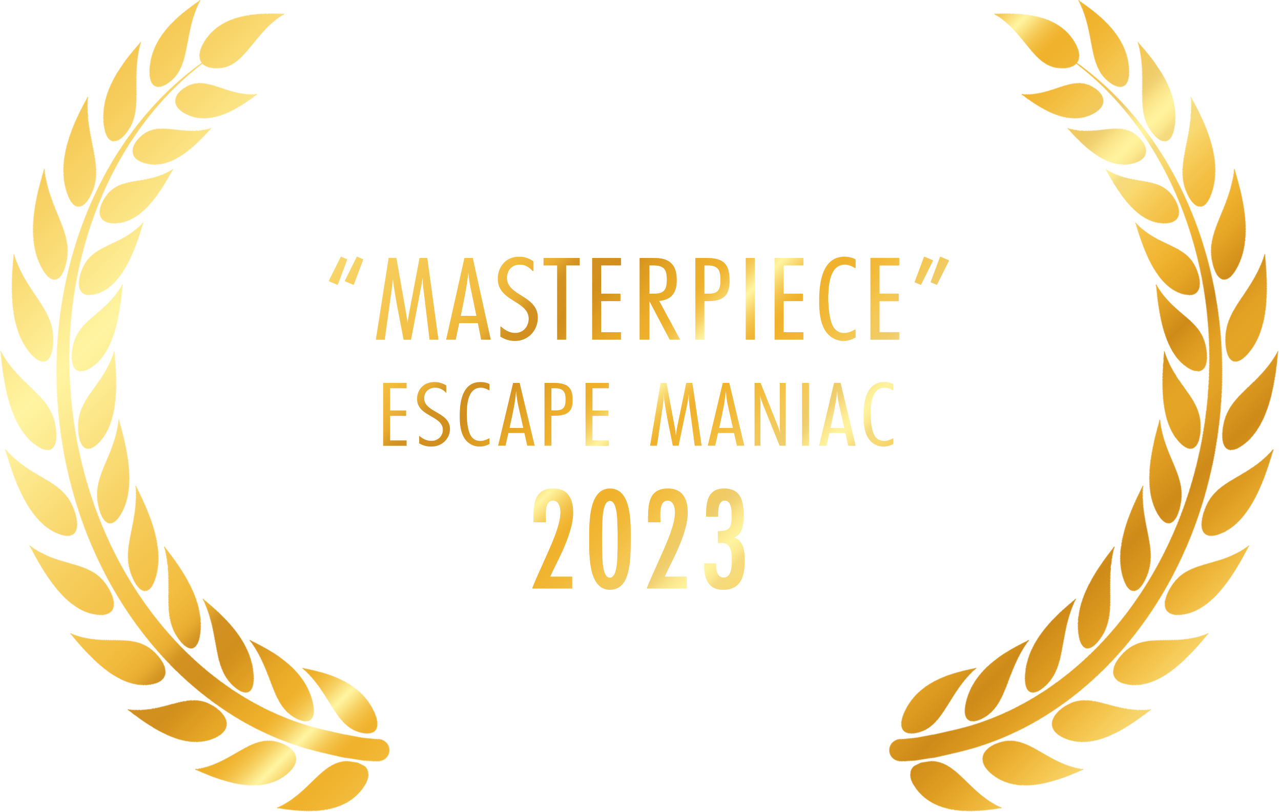 Golden trophy with embossed text reading "Masterpiece Escape Mania 2023" in the center.