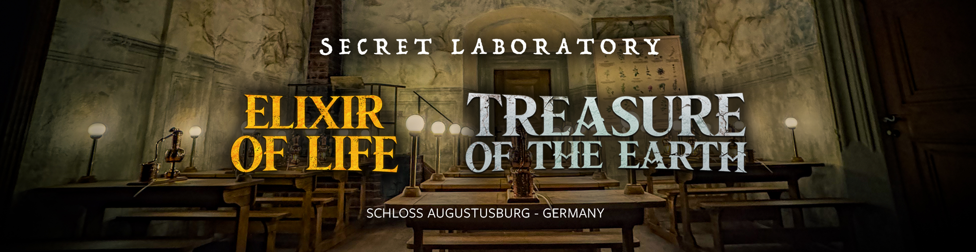 Interior of a historic science laboratory with wooden desks and antique scientific equipment, with text overlay reading 'Secret Laboratory, Elixir of Life, Treasure of the Earth, Schloss Augustusburg - Germany'.