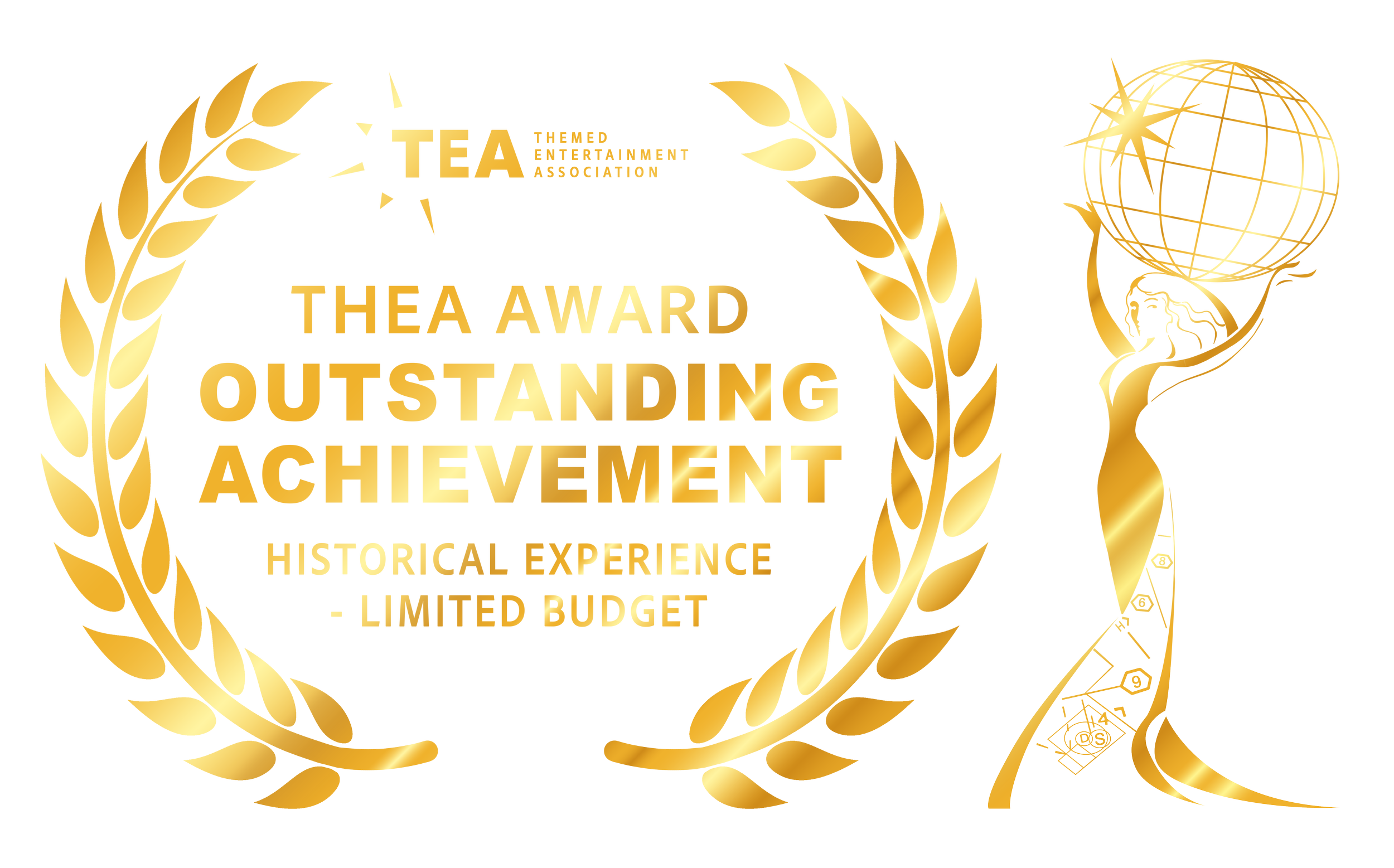 Golden graphic with laurel leaves, a shield, and a scroll, featuring stylized text and symbols, representing an award or achievement.