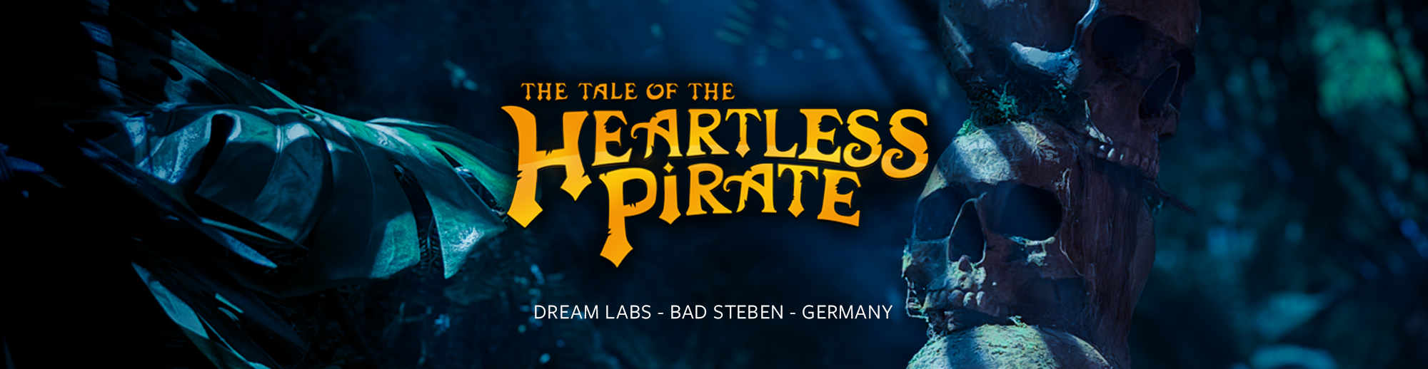 Title card for 'The Tale of the Heartless Pirate', featuring dark, mysterious forest imagery with a skull and mysterious sculpture, with text indicating production by Dream Labs and Bad Steben in Germany.