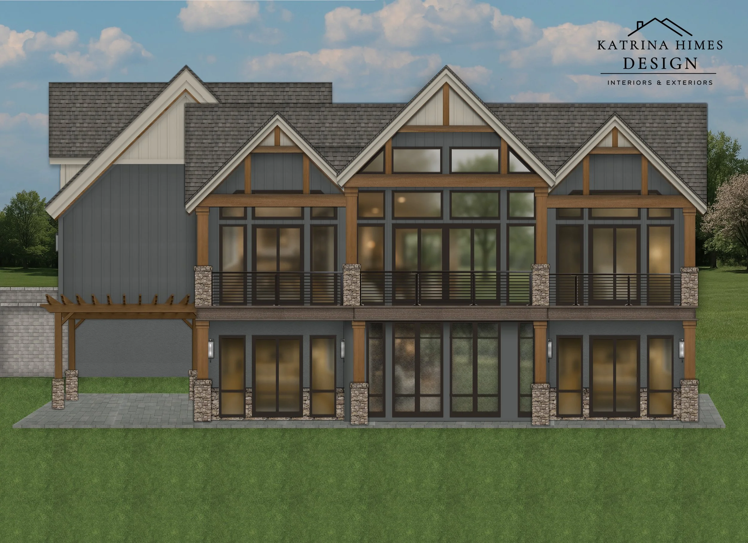 Lake-facing elevation with expansive windows and outdoor living spaces