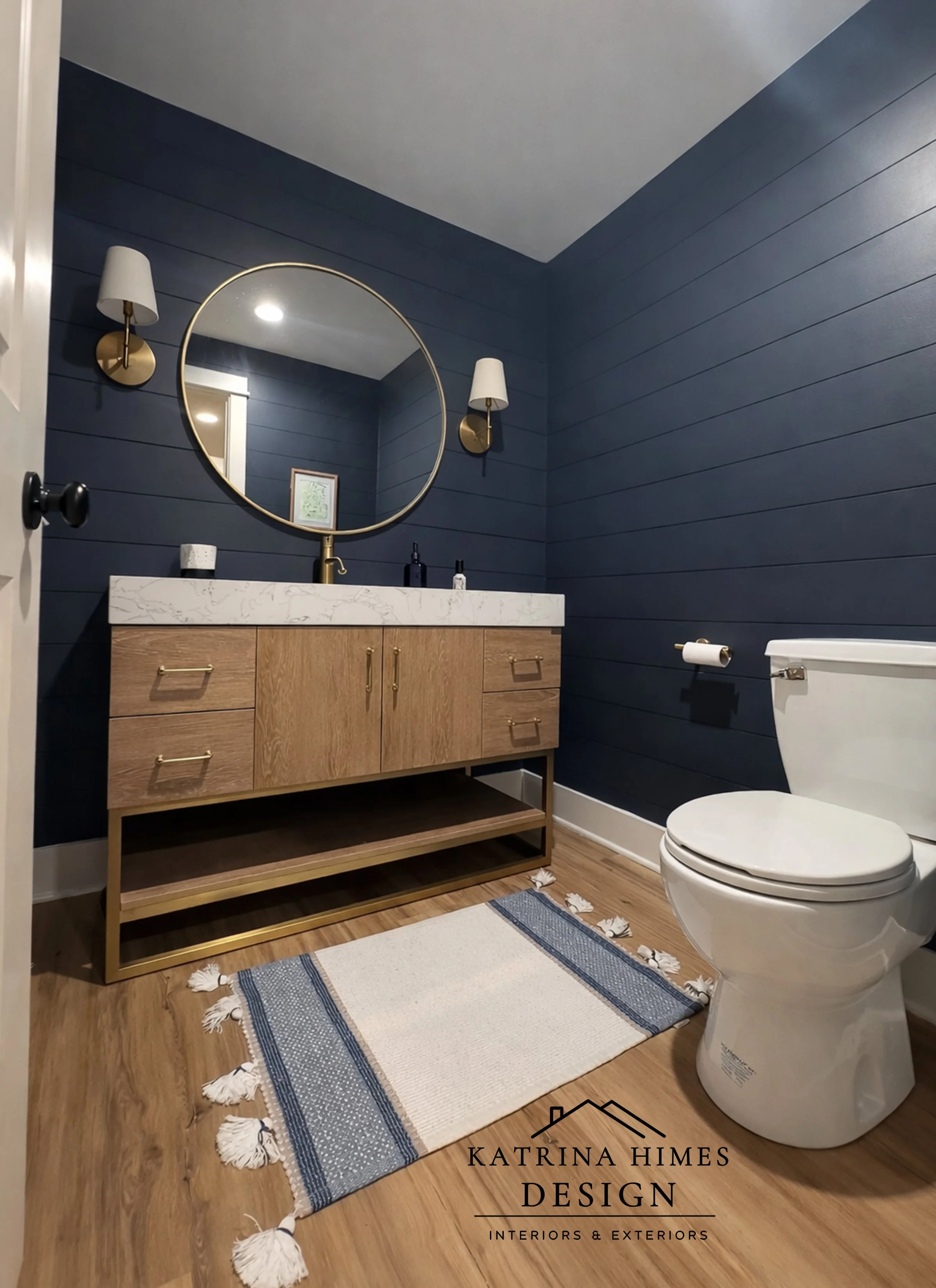 Modern Navy Powder Bathroom Design | Royal Oak, Michigan