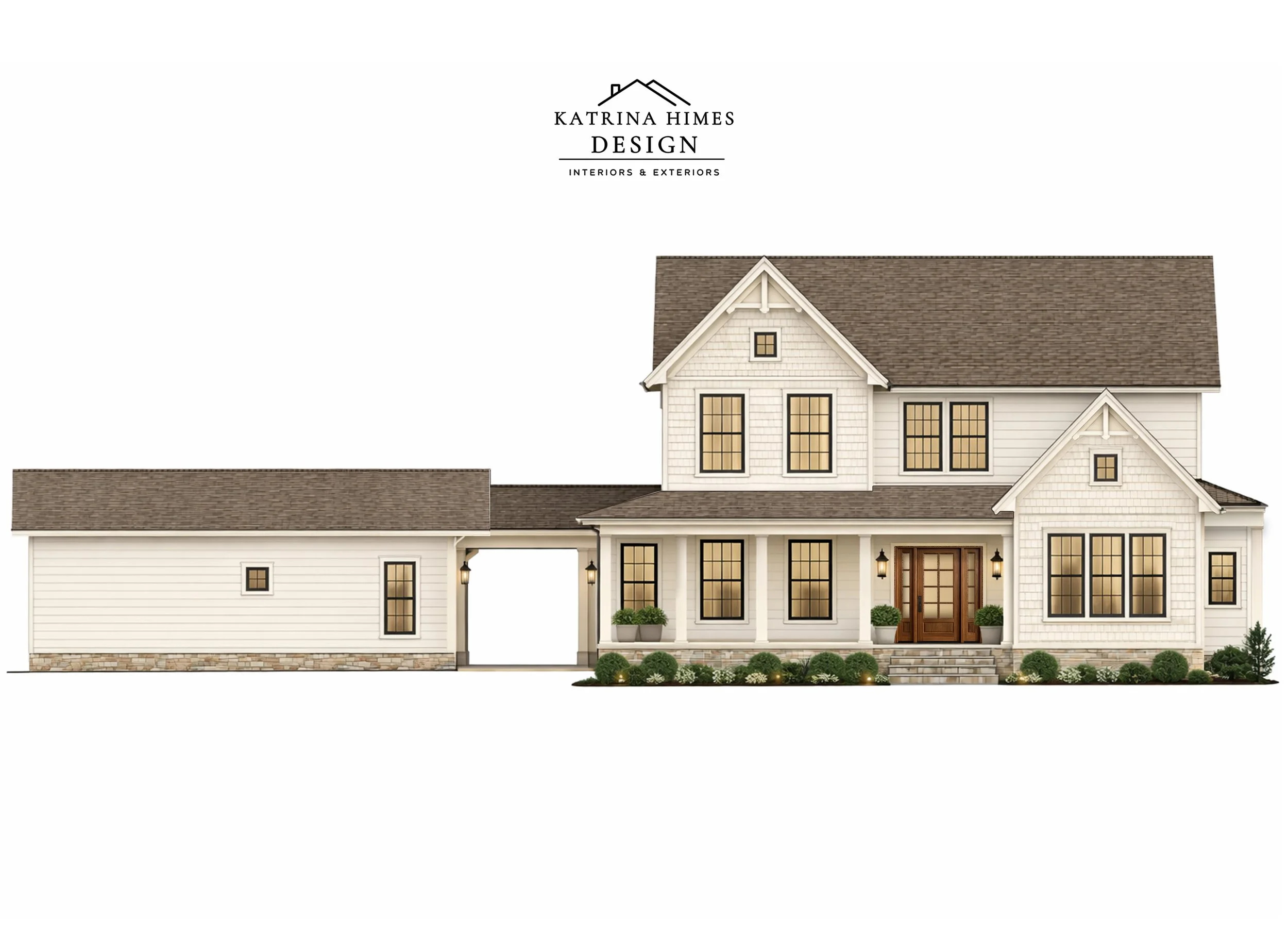 new construction farmhouse exterior with stone and wood accents Iowa