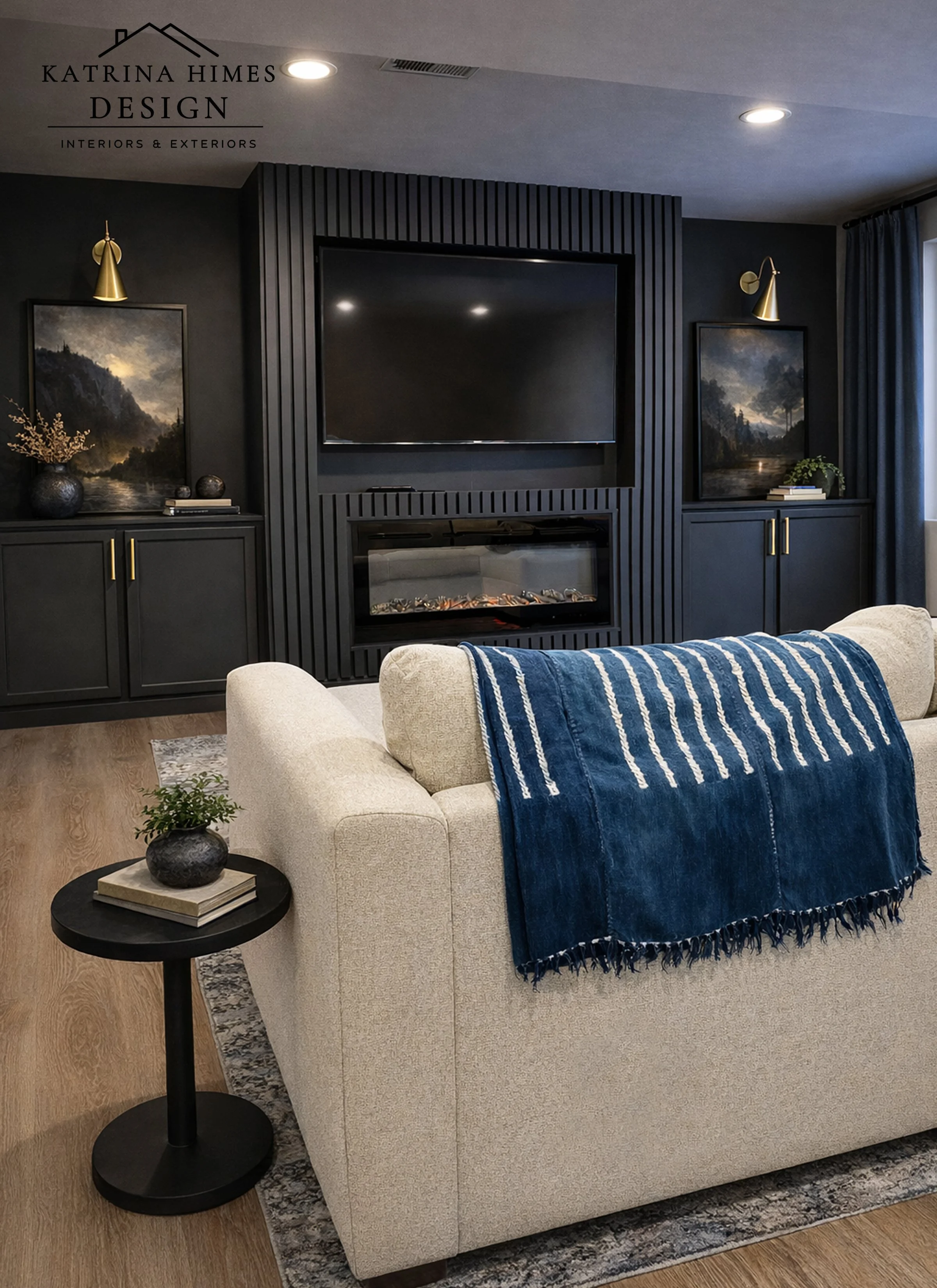 Custom designed built-in entertainment wall and basement family room design