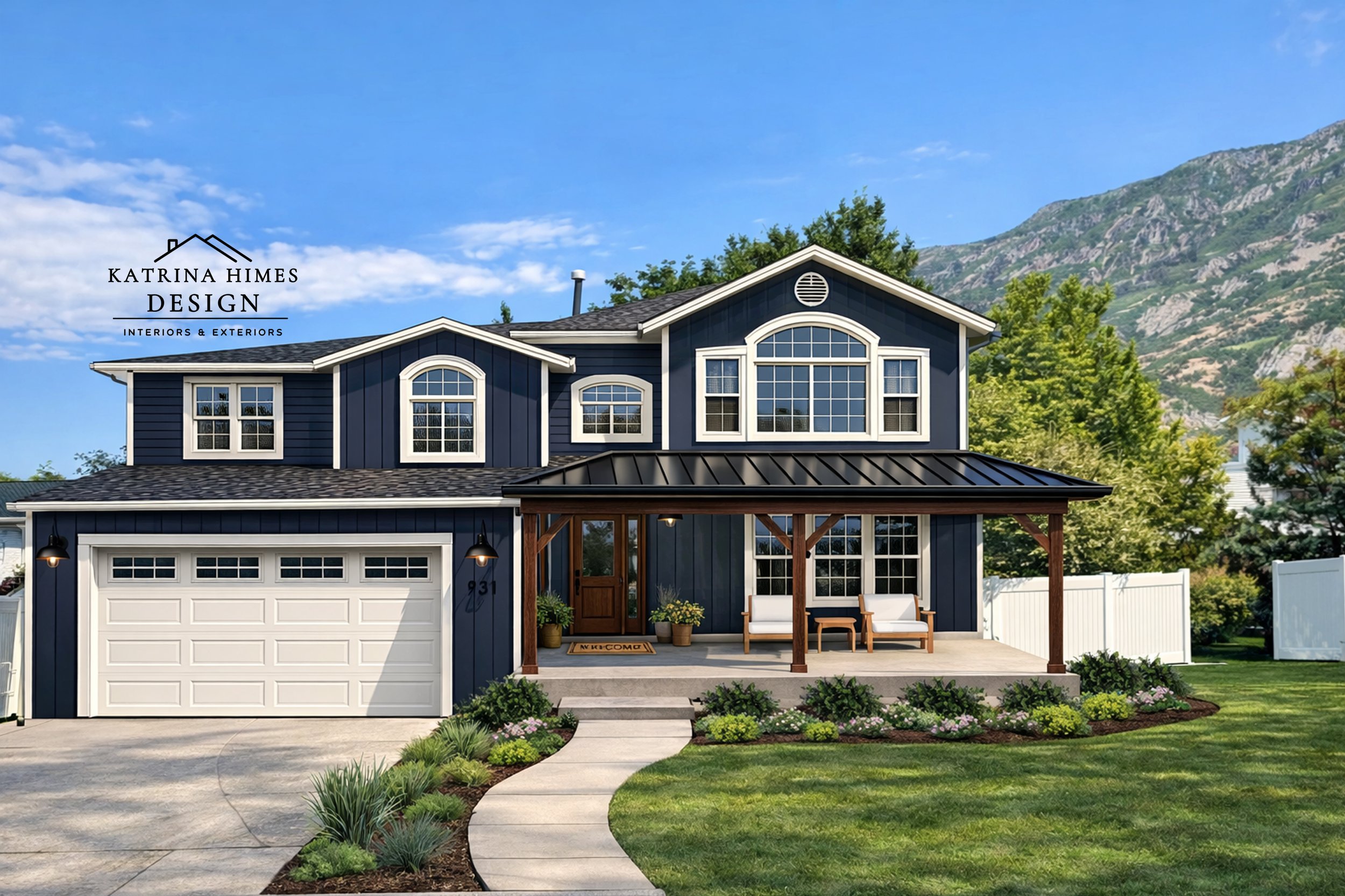Modern farmhouse exterior design rendering with navy siding white trim wood columns in Pleasant Grove Utah near Salt Lake City
