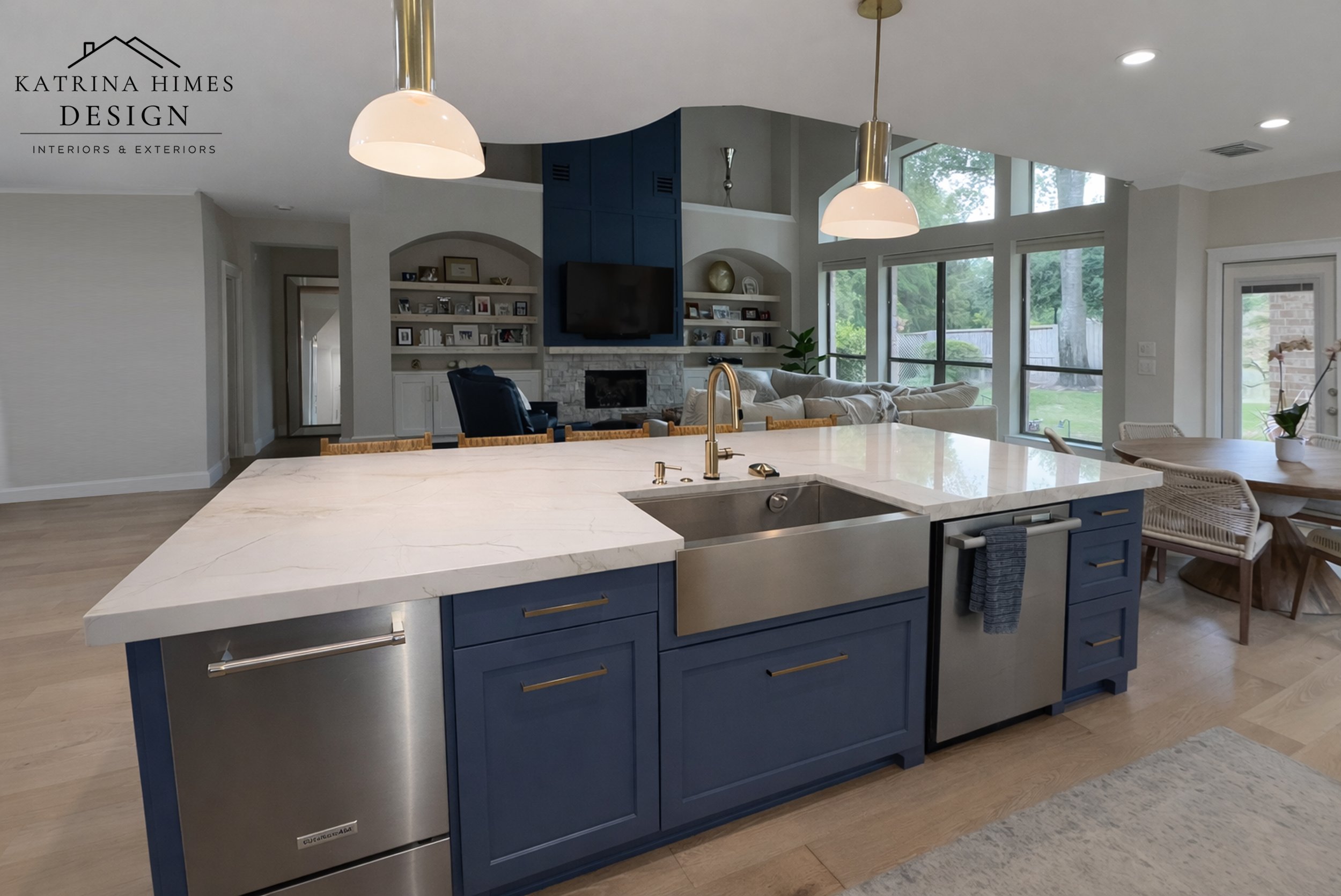 Custom Navy Kitchen Island with Quartz Countertop & Seating