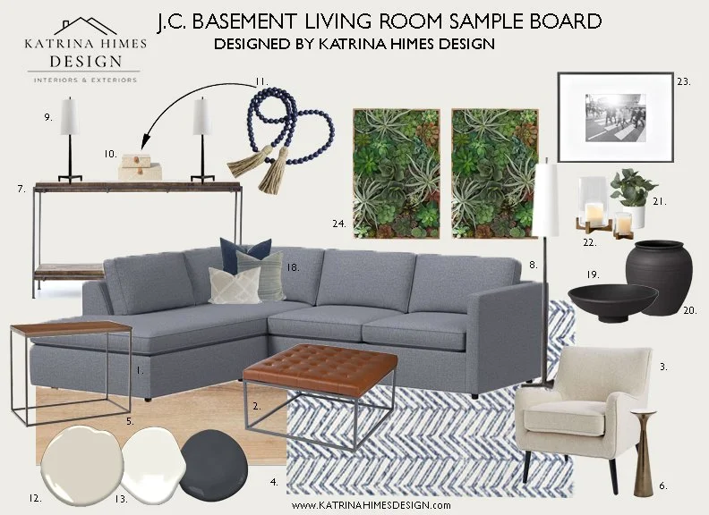 Basement living room design board with furniture, finishes, and decor selections by interior designer