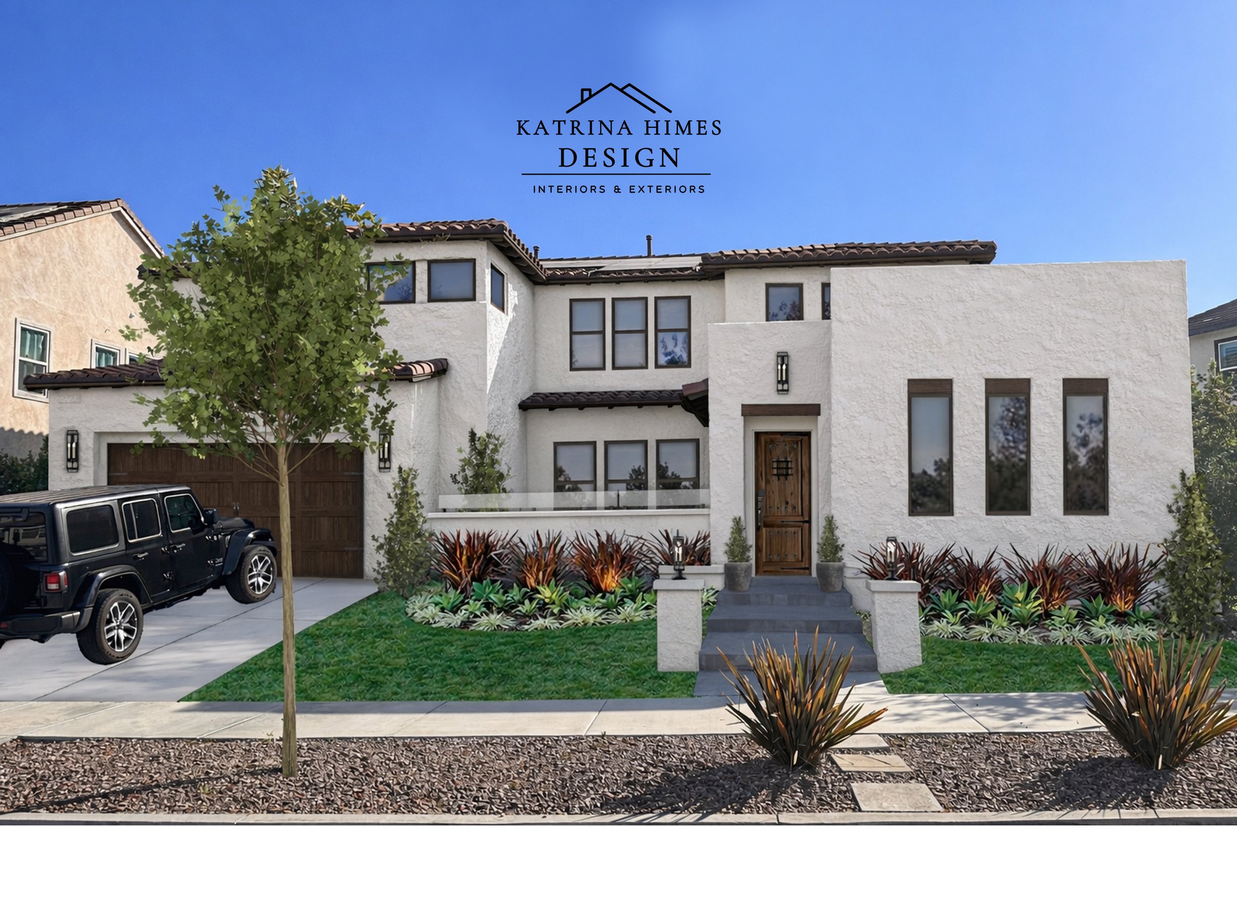 Modern Spanish exterior design rendering with warm stucco wood accents and updated landscaping in Santa Clarita CA
