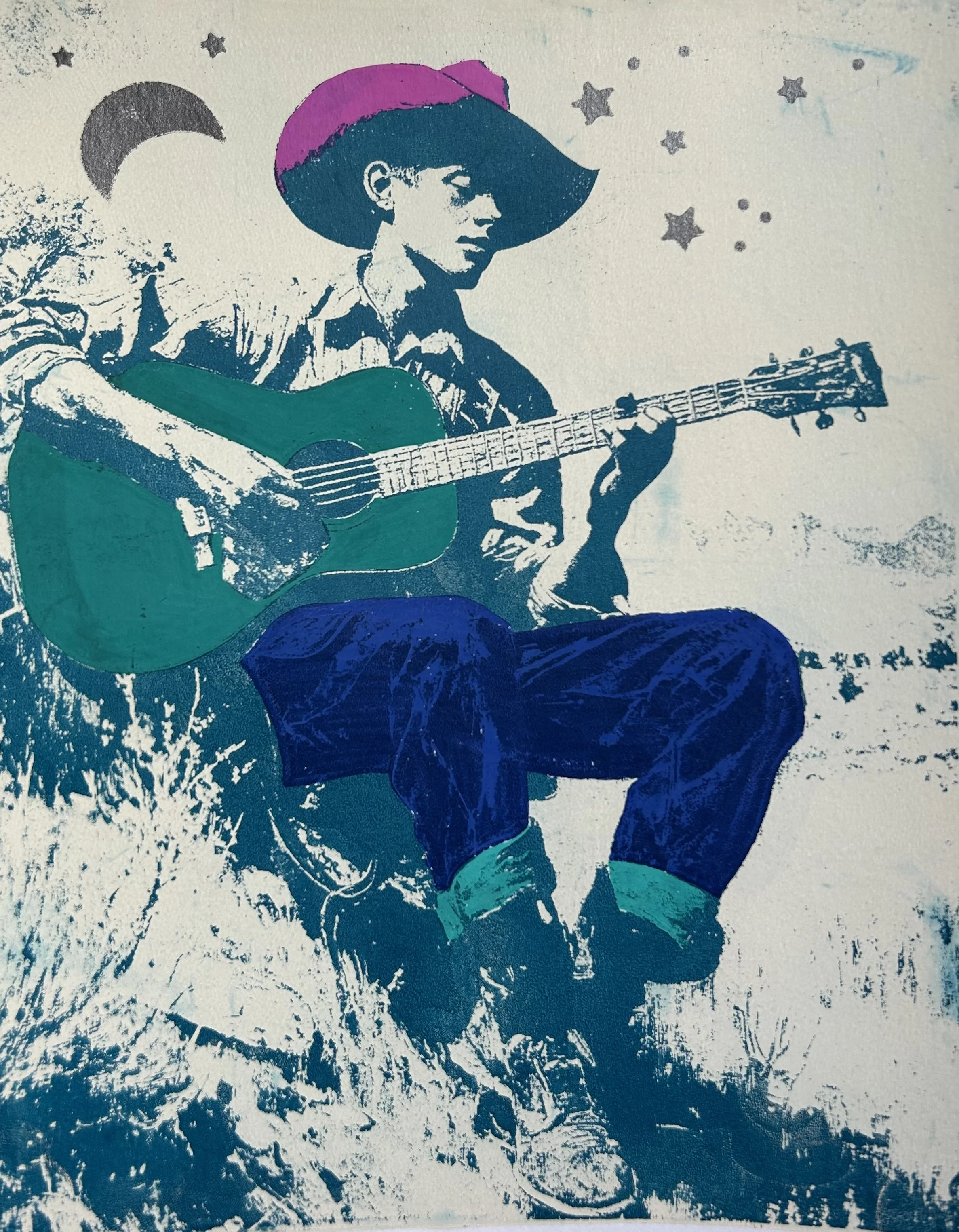 "Gee-Tar Boy," 2026. Gel print with acrylic marker and stencil.