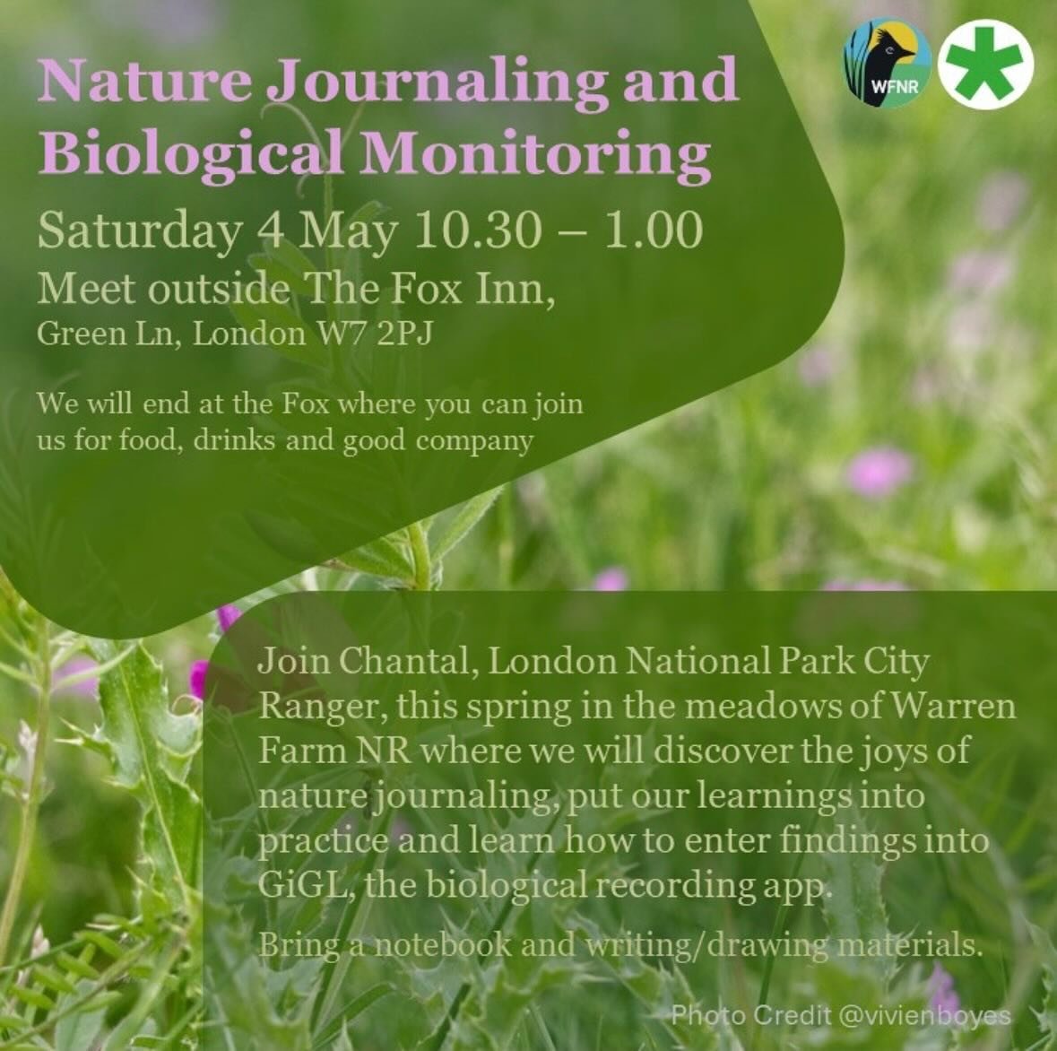 ✍🏽🌿NATURE JOURNALING &amp; RECORDING WALK TOMORROW!🌿✍🏽Come join @londonnationalparkcity ranger &amp; #warrenfarmnr team mate the brilliant @wanderfulldn ☺️🌸🦋Learn how to gift yourself greater connection with nature, fostering wellbeing😌How &am