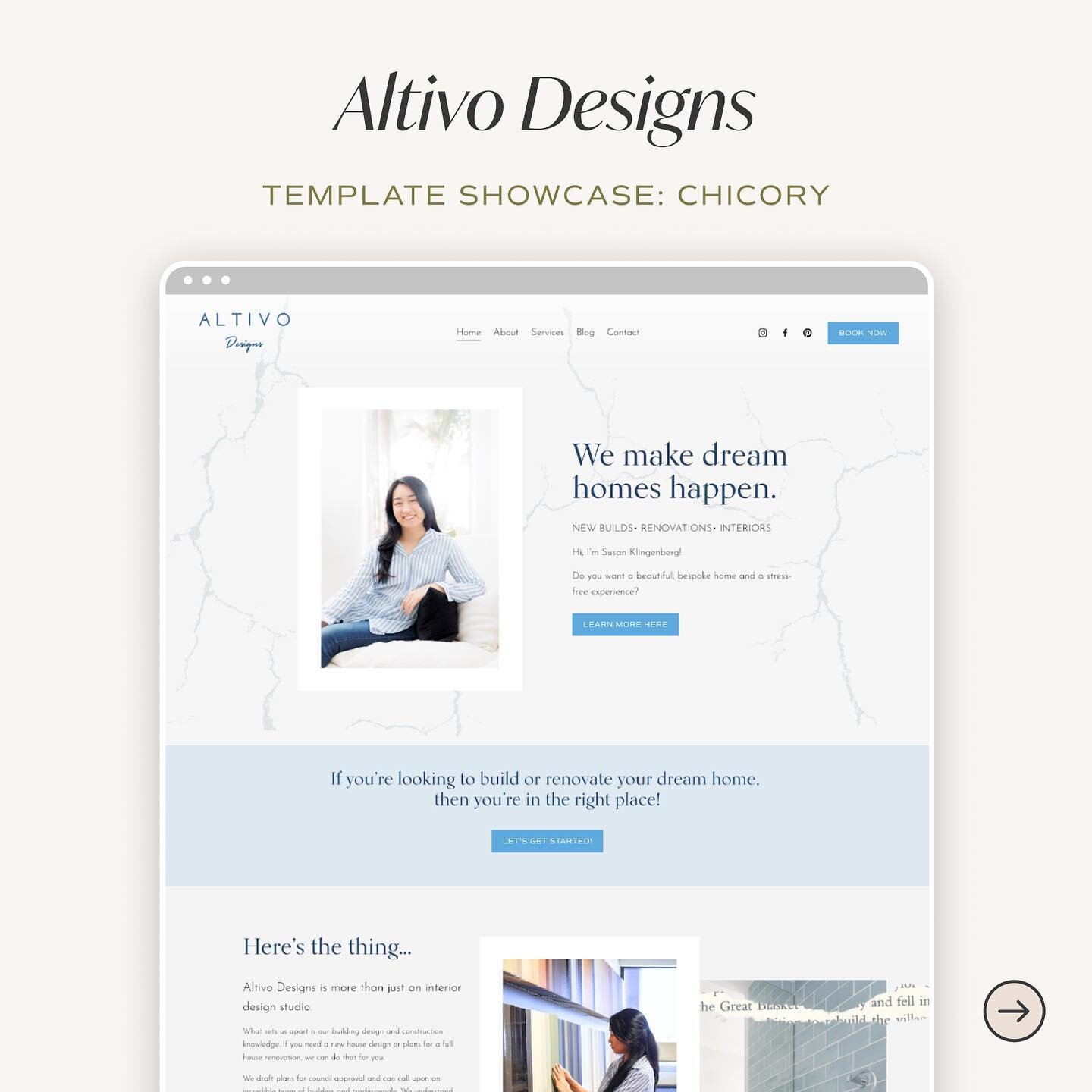 Sharing this beautiful template customization by @altivodesigns today!!

Susan used the Chicory Squarespace 7.1 template to create a stunning, professional online home for her interior design and home reno biz!

When she dm&rsquo;d me to let me know 