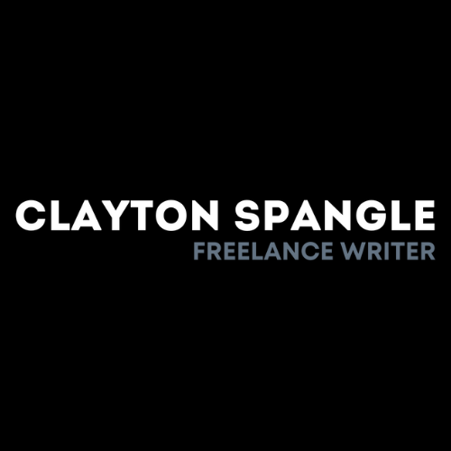 Text graphic featuring the name 'Clayton Spangle' in bold white letters, with 'Freelance Writer' in smaller blue letters below, on a black background.