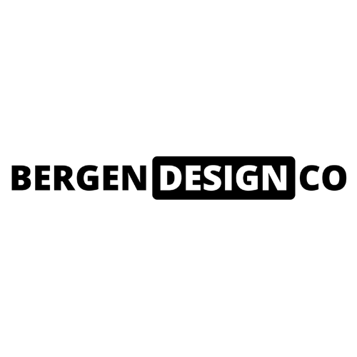 Logo with the text "BERGEN DESIGN CO" in black and white, with "DESIGN" highlighted in a black box.