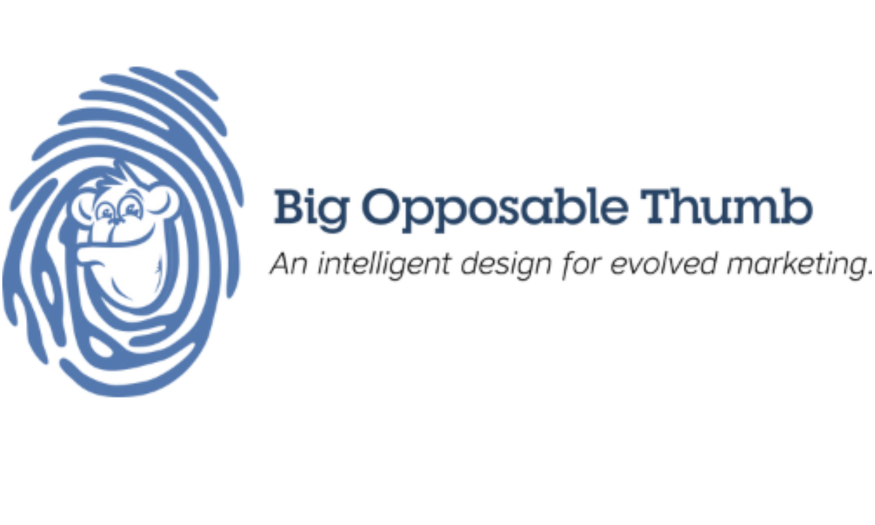 Logo featuring a stylized fingerprint with a thumbs-up hand incorporated, accompanied by the text 'Big Opposable Thumb' and the tagline 'An intelligent design for evolved marketing.'