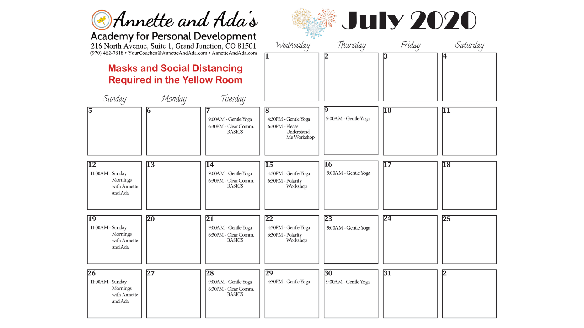 July 2020 Yellow Room Calendar