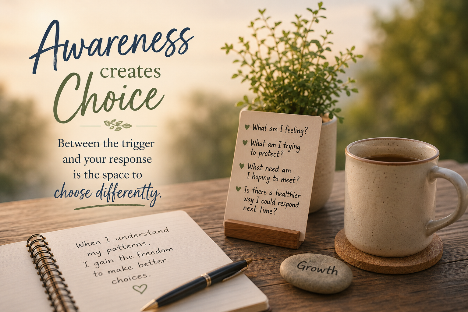 cup of coffee with a notebook. the words Awareness creates choice, between the trigger and your response is the space to choose differently.