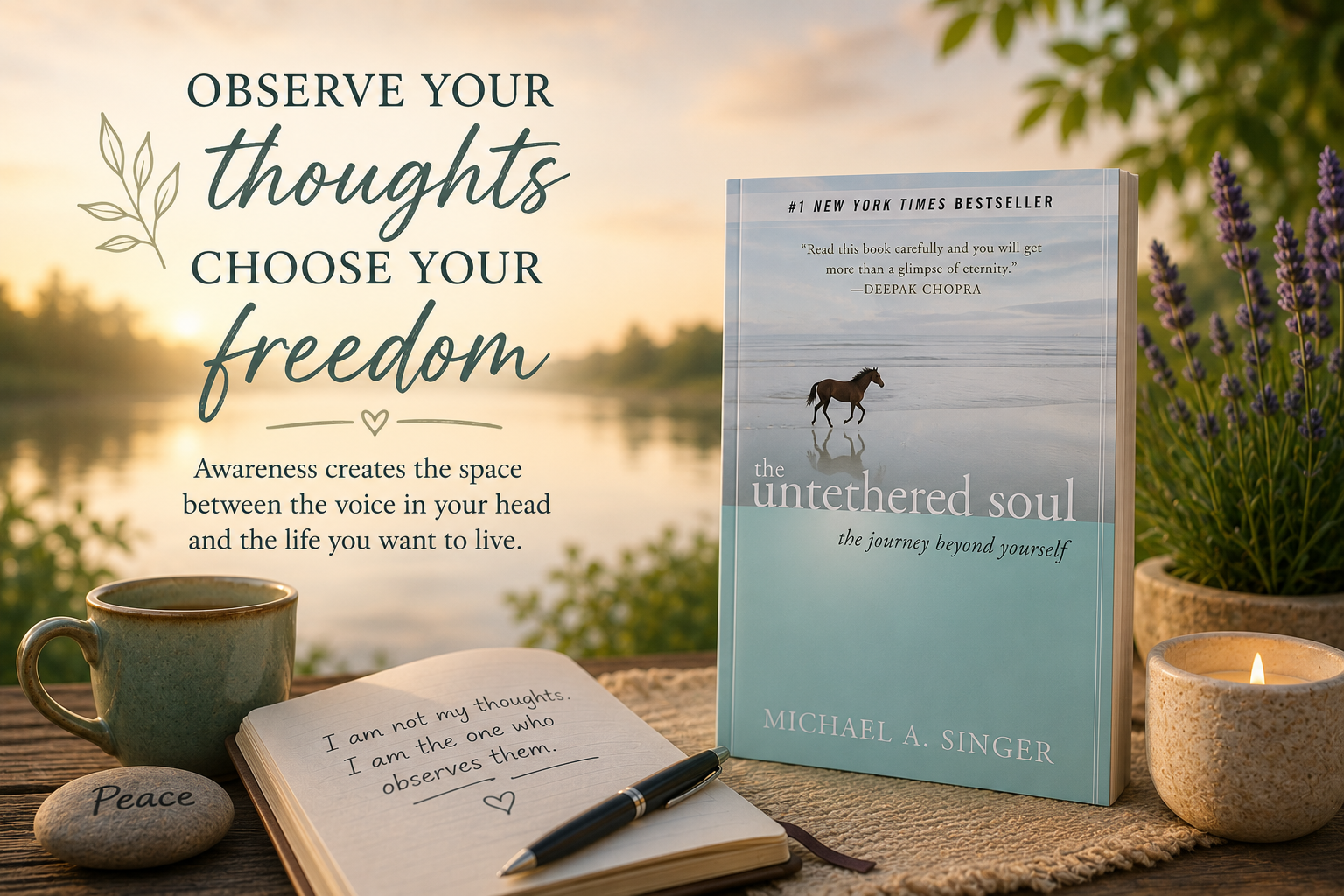 Observe your thoughts, choose your freedom, on a small table in front of a lake with a copy of michael a singer's book, the untethered soul