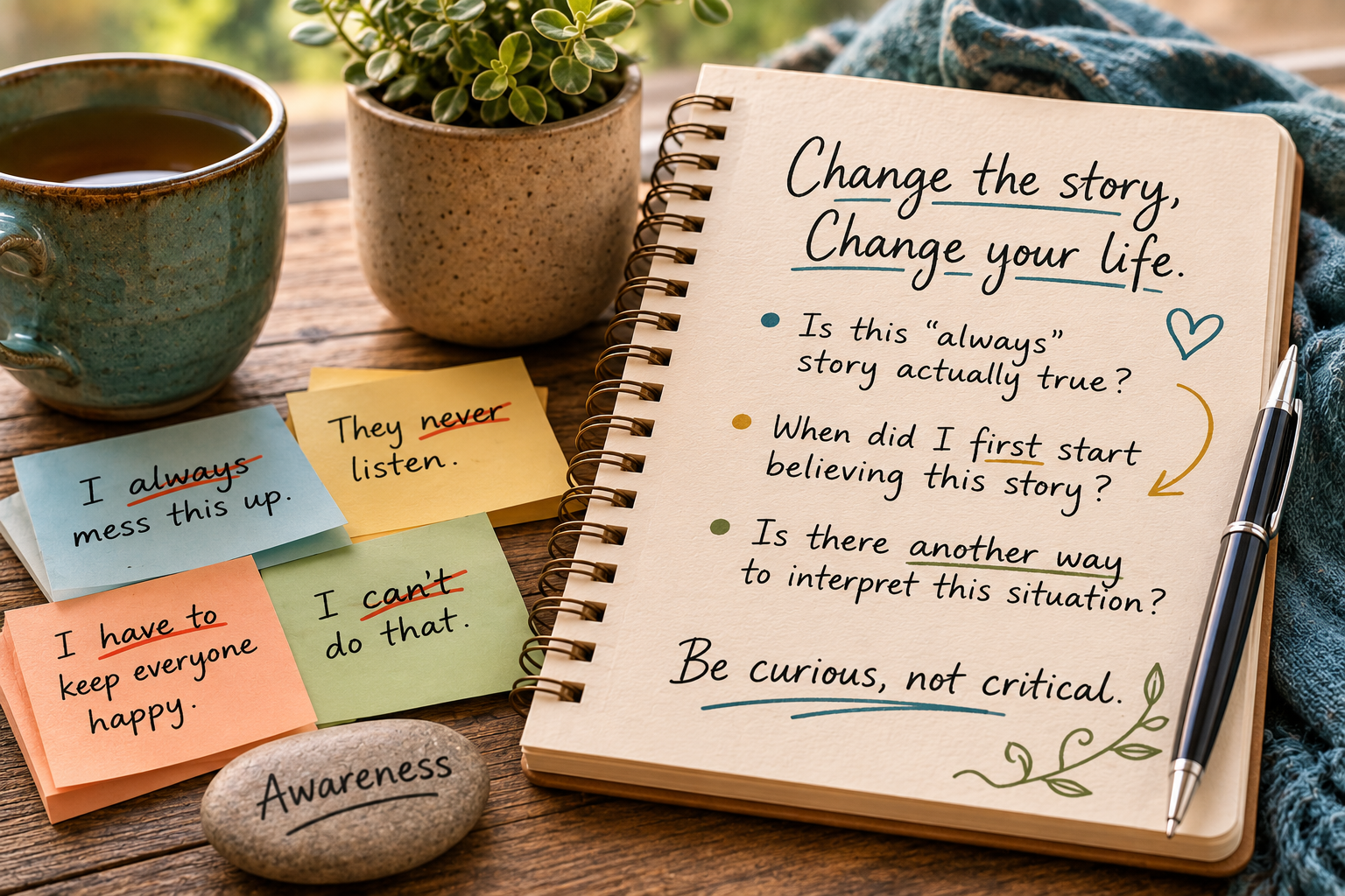 A cup of coffee and a notebook that says Change the story, change your life.