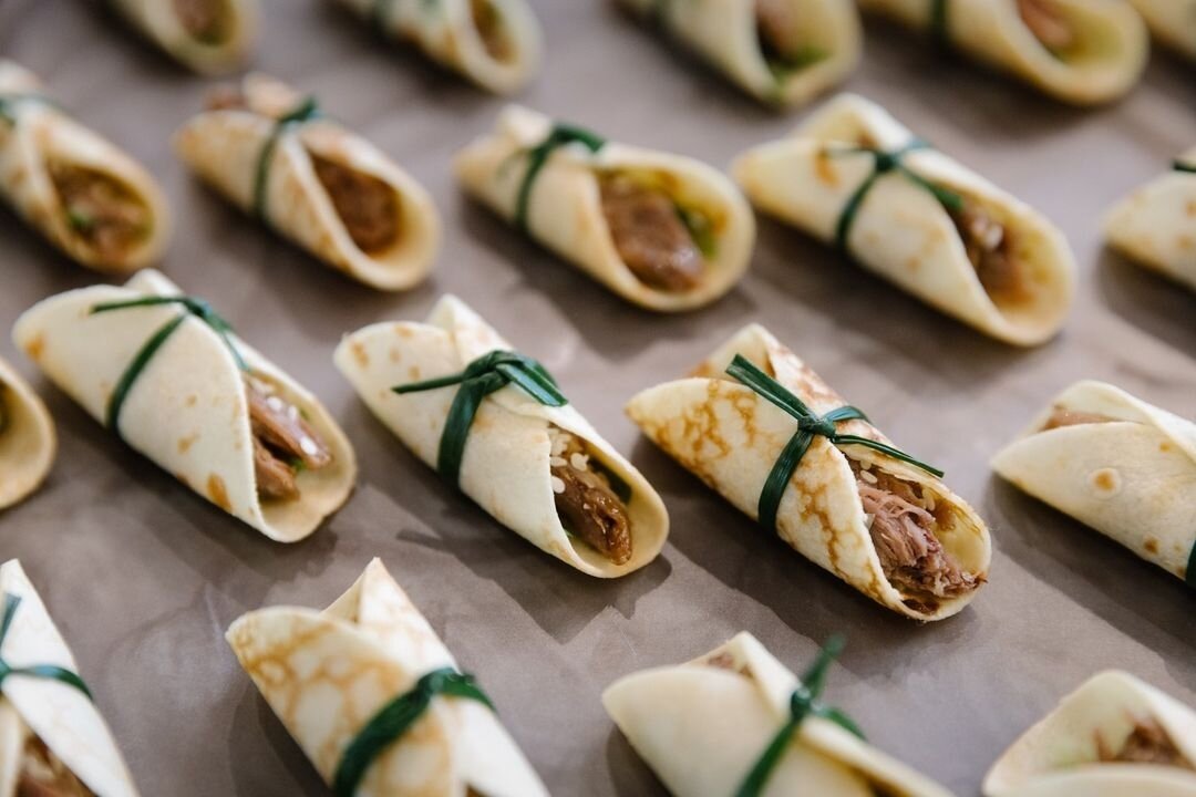 The ultimate BRAISED DUCK PANCAKE ​​​​​​​​
duck confit, hoisin, green onion, cucumber​​​​​​​​
..​​​​​​​​
If you are looking for canapes that are outside the box and oh so yummy, reach out to our events team at events@edgecatering.ca