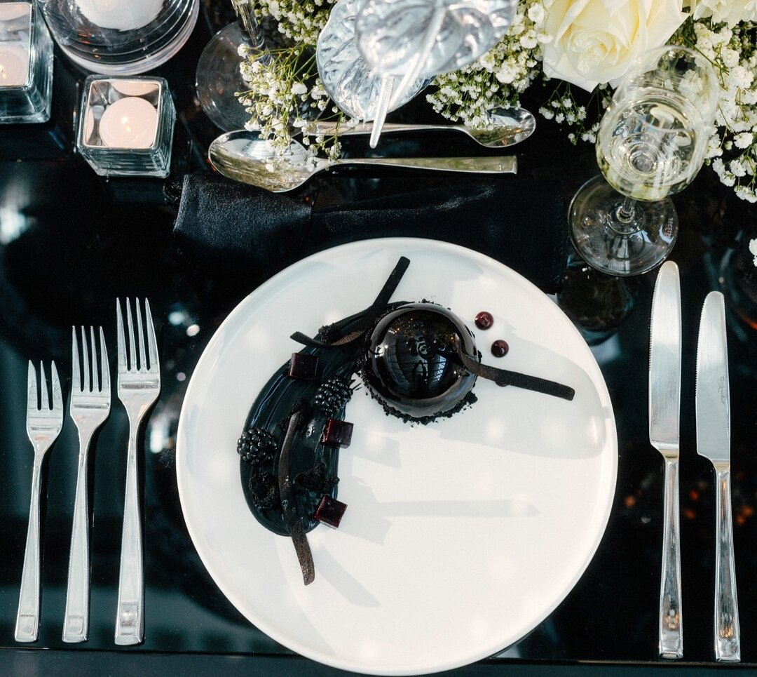 Gotta love a dessert that is as sexy as it is tasty.​​​​​​​​
..​​​​​​​​
Our Dark chocolate mousse bombe &ndash; blackberry gel&eacute;e, dark chocolate crunch, black cocoa tuile.​​​​​​​​
..​​​​​​​​
Featured in @rockymtnbride​​​​​​​​
..​​​​​​​​
Creati