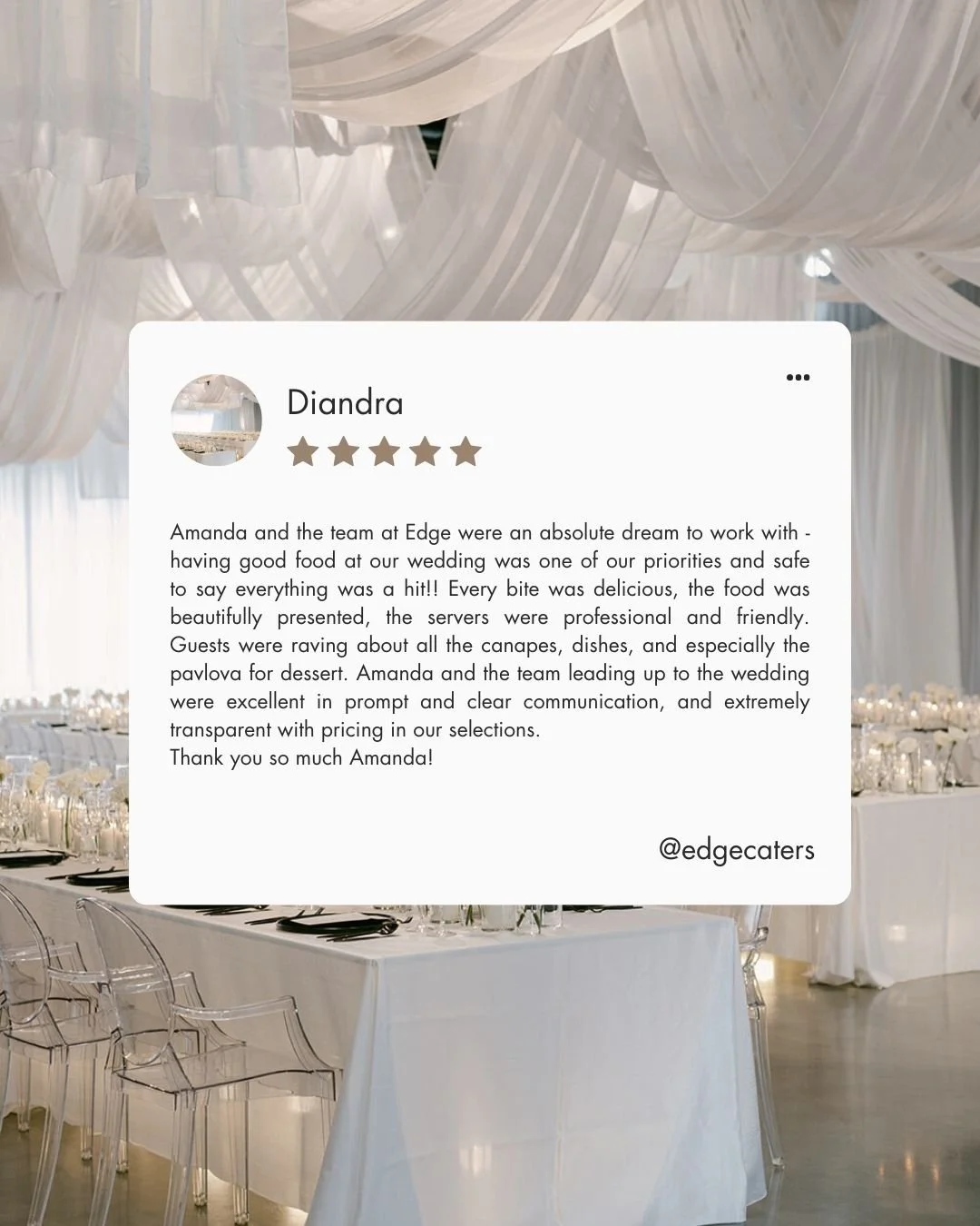 Thanks for the love Diandra!​​​​​​​​
🥰 It was an absolute joy to be part of your special day. From canap&eacute;s to pavlova, we&rsquo;re thrilled everything was a hit and that your guests loved every bite! 🍽✨ Amanda and the team loved bringing you