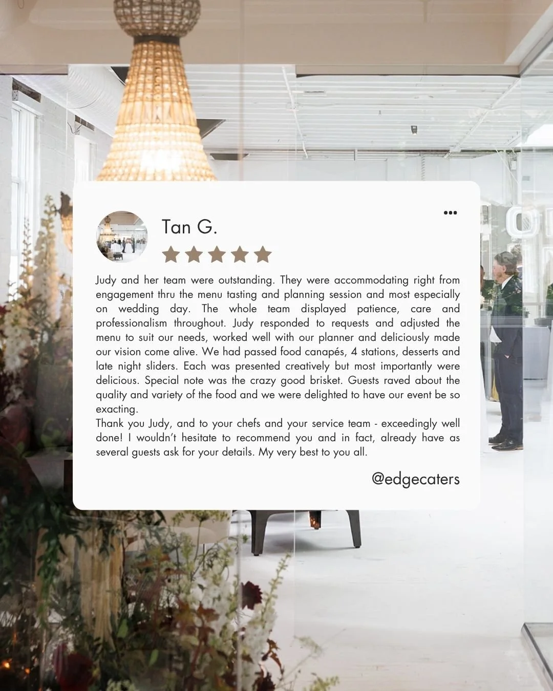 Thank you so much for this incredible review! 🤍✨​​​​​​
​​​​​​​​
It was truly our pleasure to be part of your wedding journey from the first conversation to the very last late-night slider! Judy and our entire culinary + service team were over the mo