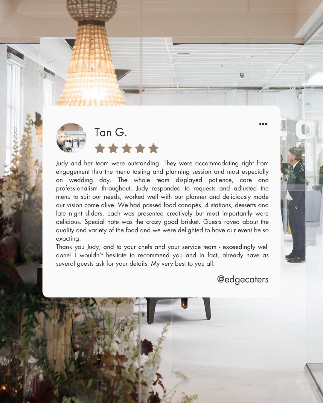 Thank you so much for this incredible review! 🤍✨​​​​​​
​​​​​​​​
It was truly our pleasure to be part of your wedding journey from the first conversation to the very last late-night slider! Judy and our entire culinary + service team were over the mo