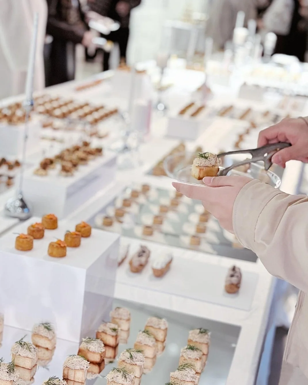 Who said canapes are only meant for passing? We don't! 
For V &amp; E wedding - the assignment was a artistic canapes spread over a 18 ft by 6 ft surface of canapes, on mirrors, risers, fabrics and acrylic and more.  It was indeed breathtaking.

#Can