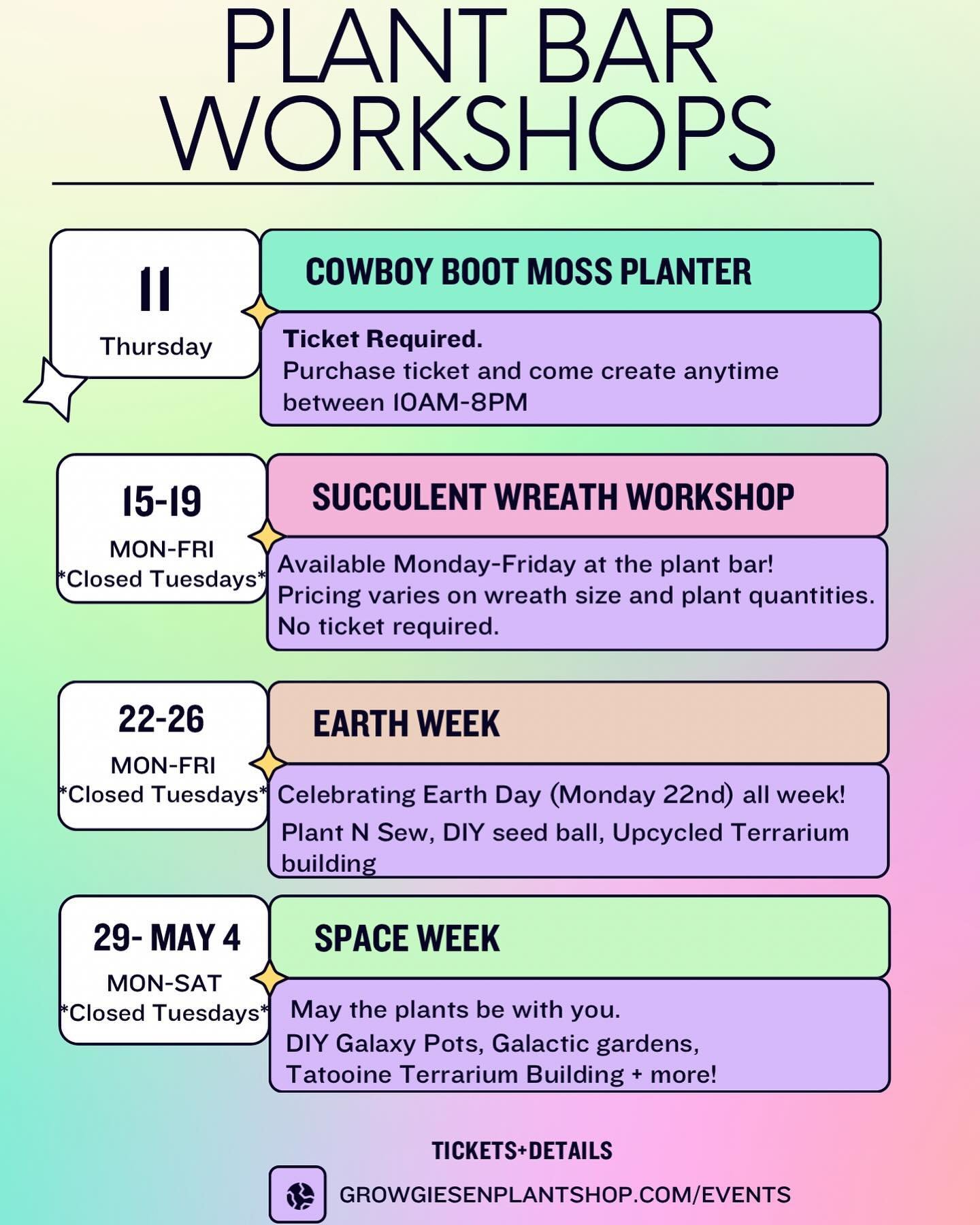 We&rsquo;re rolling with the themed weeks because they have been so fun! 👏
For more information please visit our Facebook page events or our website: growgiesenplanthshop.com/events