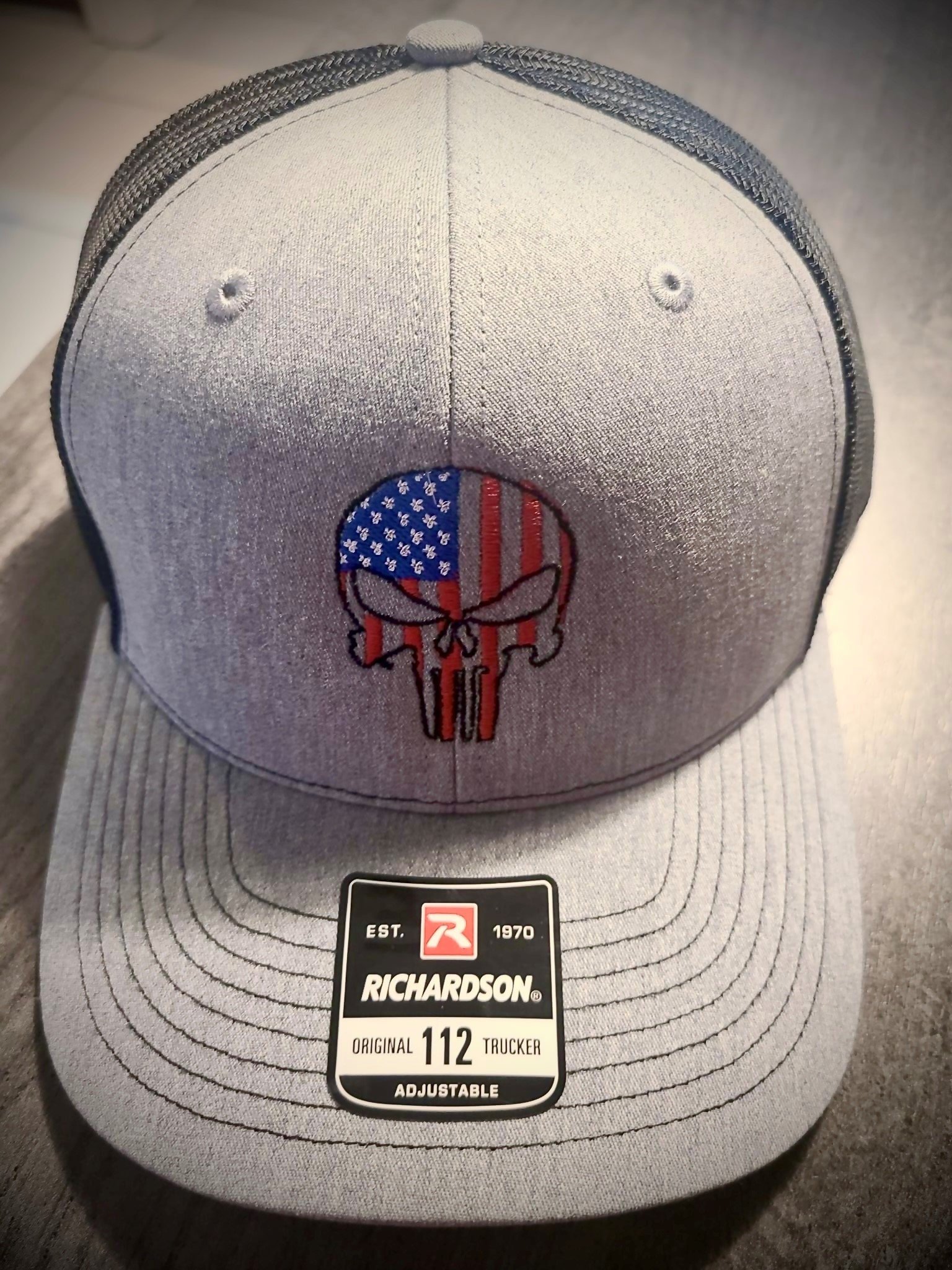 Punisher American Flag Embroidered on a, Richardson 112 Snapback, Trucker Hat