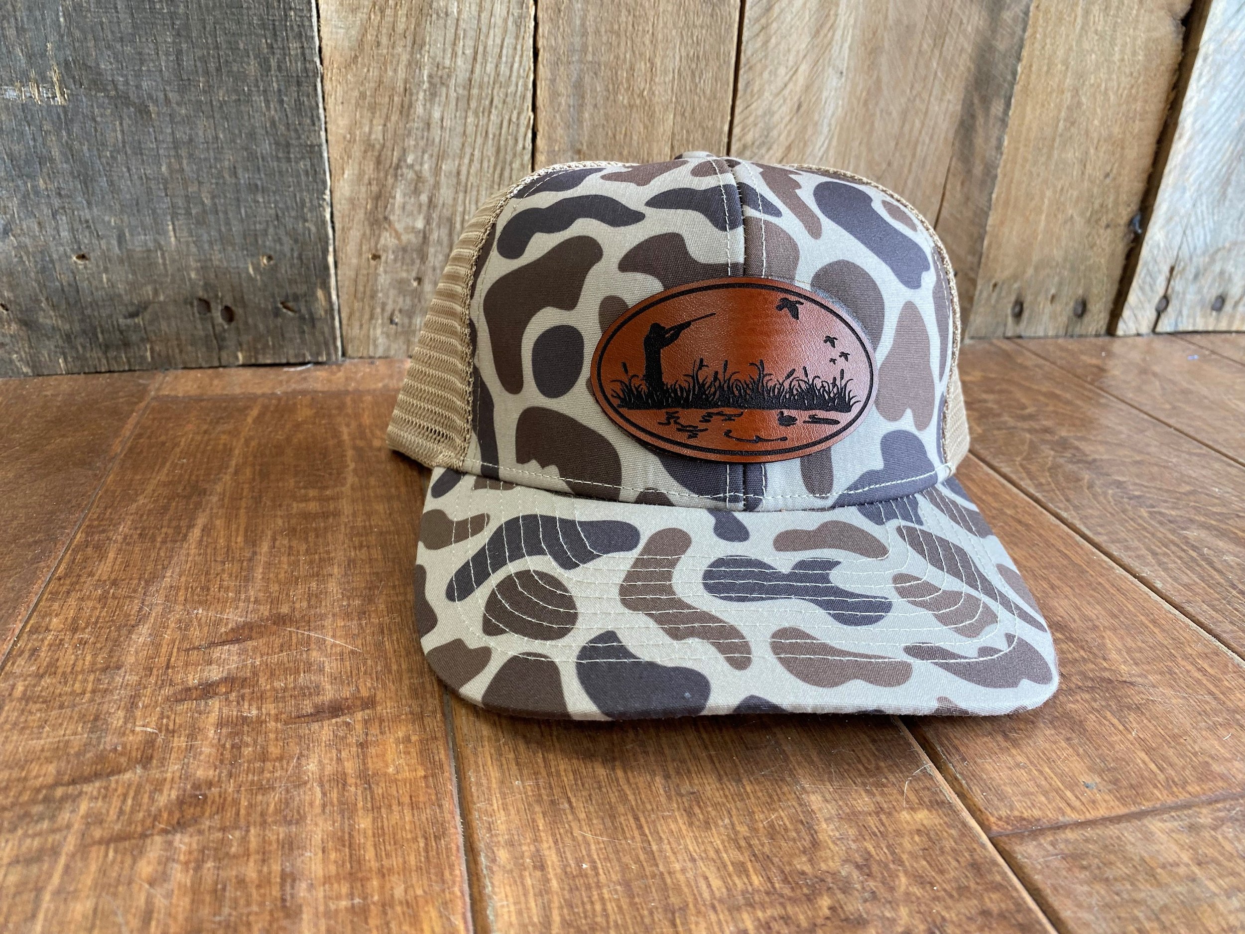 Duck Hunter Leather Patch Hat, Laser Engraved, Duck Camo Snapback, Trucker Hat