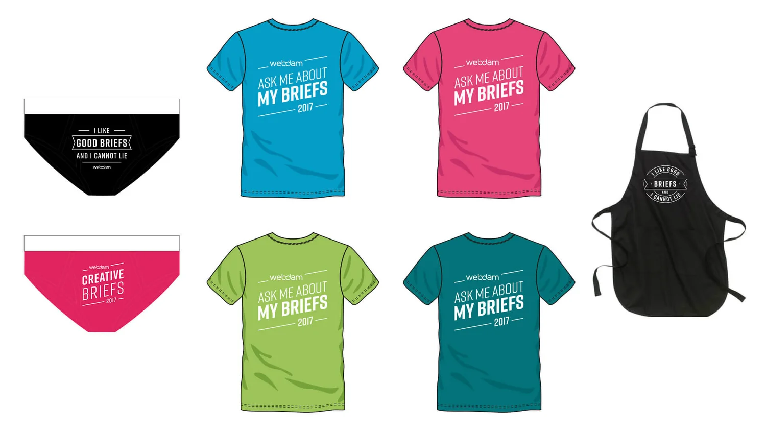 Creative Briefs swag line: underwear, tees, aprons