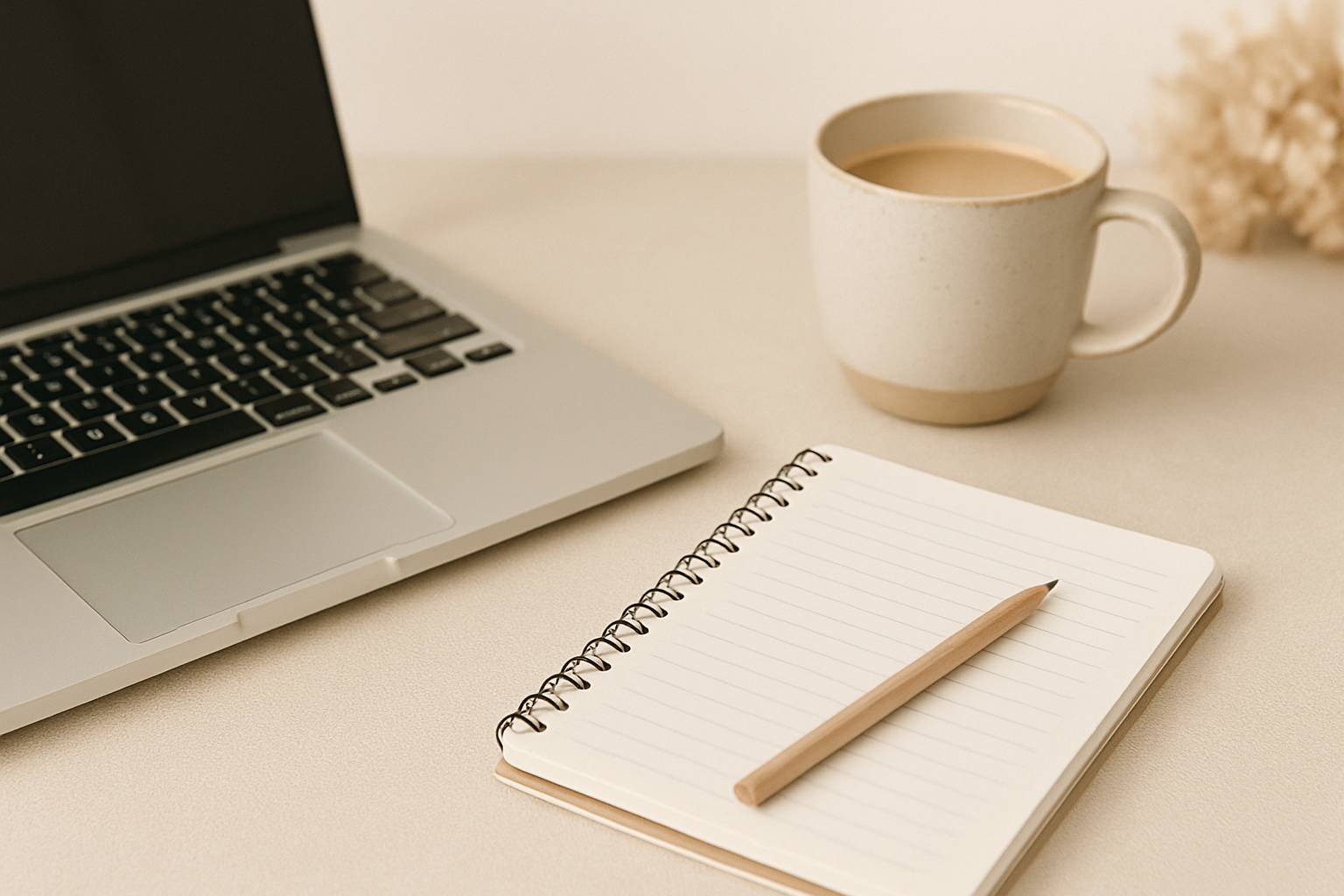 A workspace with a silver laptop, a spiral notebook with lined pages and a wooden pencil, and a beige mug filled with coffee on a light-colored surface. The perfect workplace for any transaction