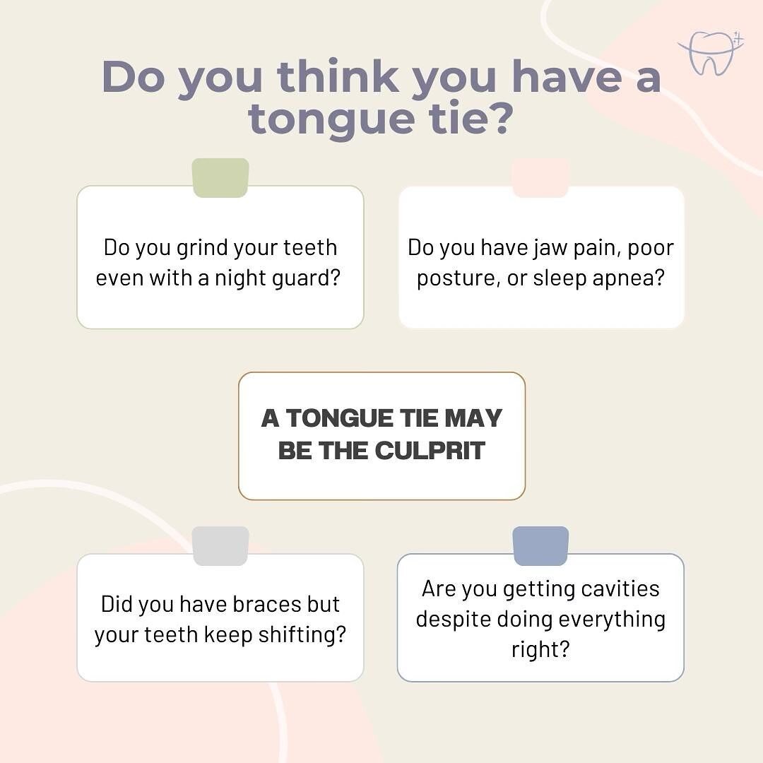 A tongue tie is a condition in which the frenulum, the piece of tissue that connects the tongue to the bottom of the mouth, is abnormally short or thick, limiting mobility. This can cause issues such as poor posture, jaw pain, and sleep apnea.

Three