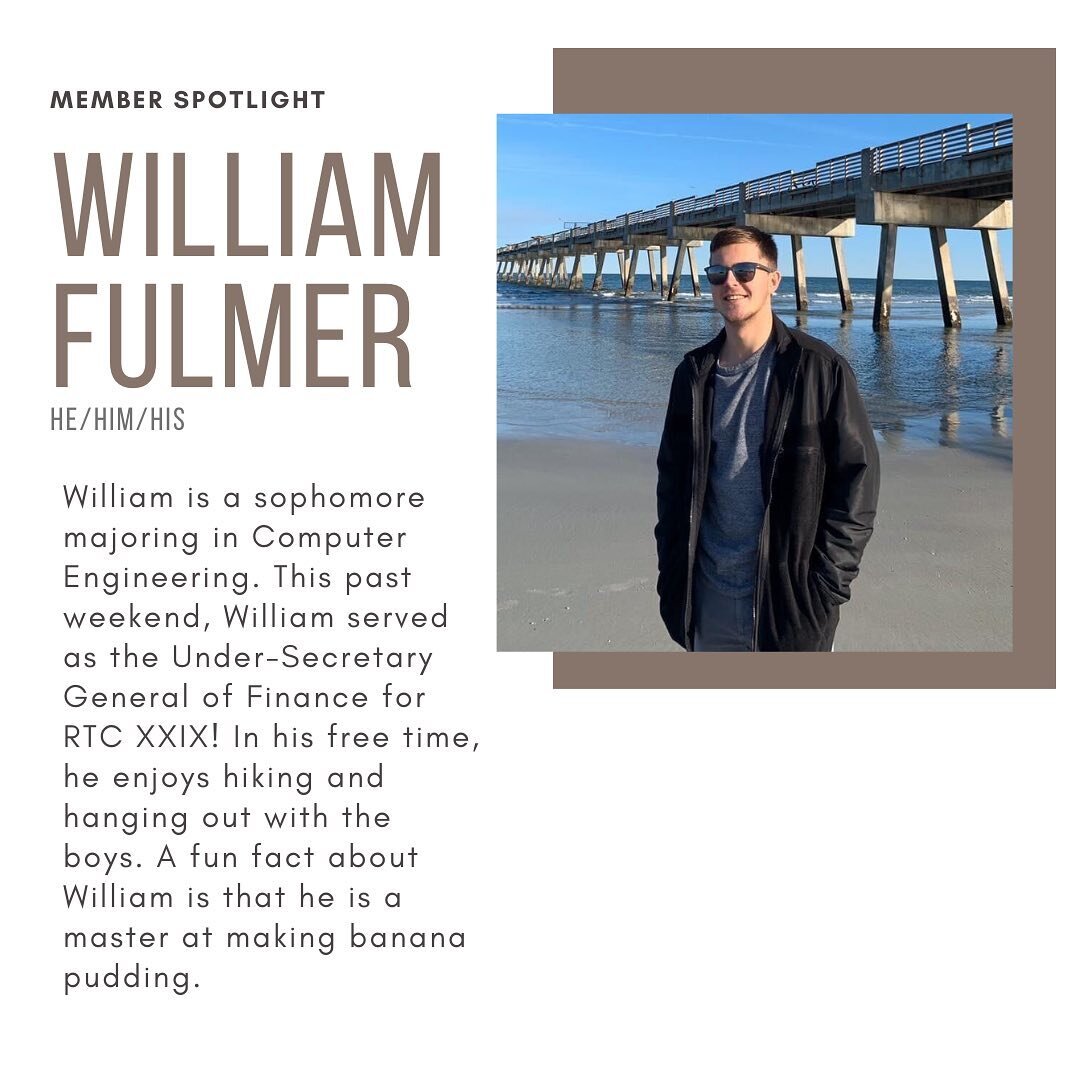 This week&rsquo;s Member Spotlight is William Fulmer! Will is a sophomore majoring in Computer Engineering and serves on our Programming Committee! Will also served as Under Secretary General of Finance this weekend at @fsu_rtc #WAP #memberspotlights