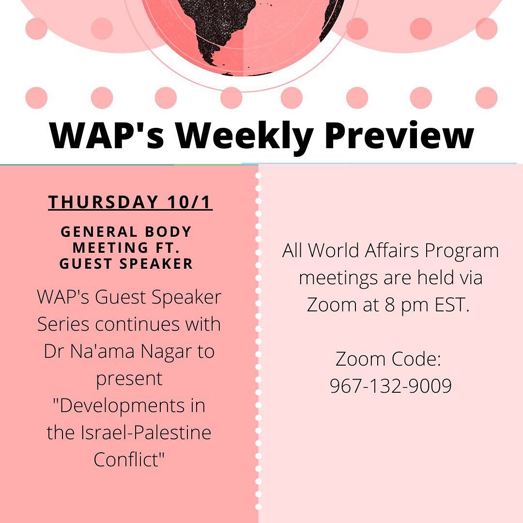 Join us as we continue our Speaker Series with Dr. Nagar! This week&rsquo;s topic is the Israel-Palestine conflict. #WAP