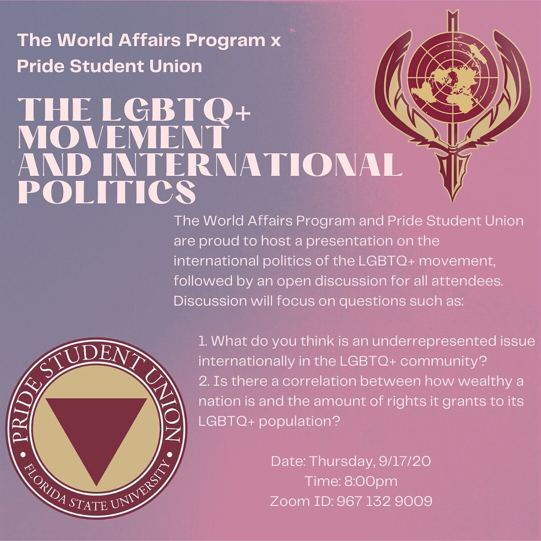 Join us this Thursday at 8pm for our joint meeting with PRIDE student union! We&rsquo;ll be discussing the international politics surrounding the LGBTQ+ movement. #WAP #worldsffairs