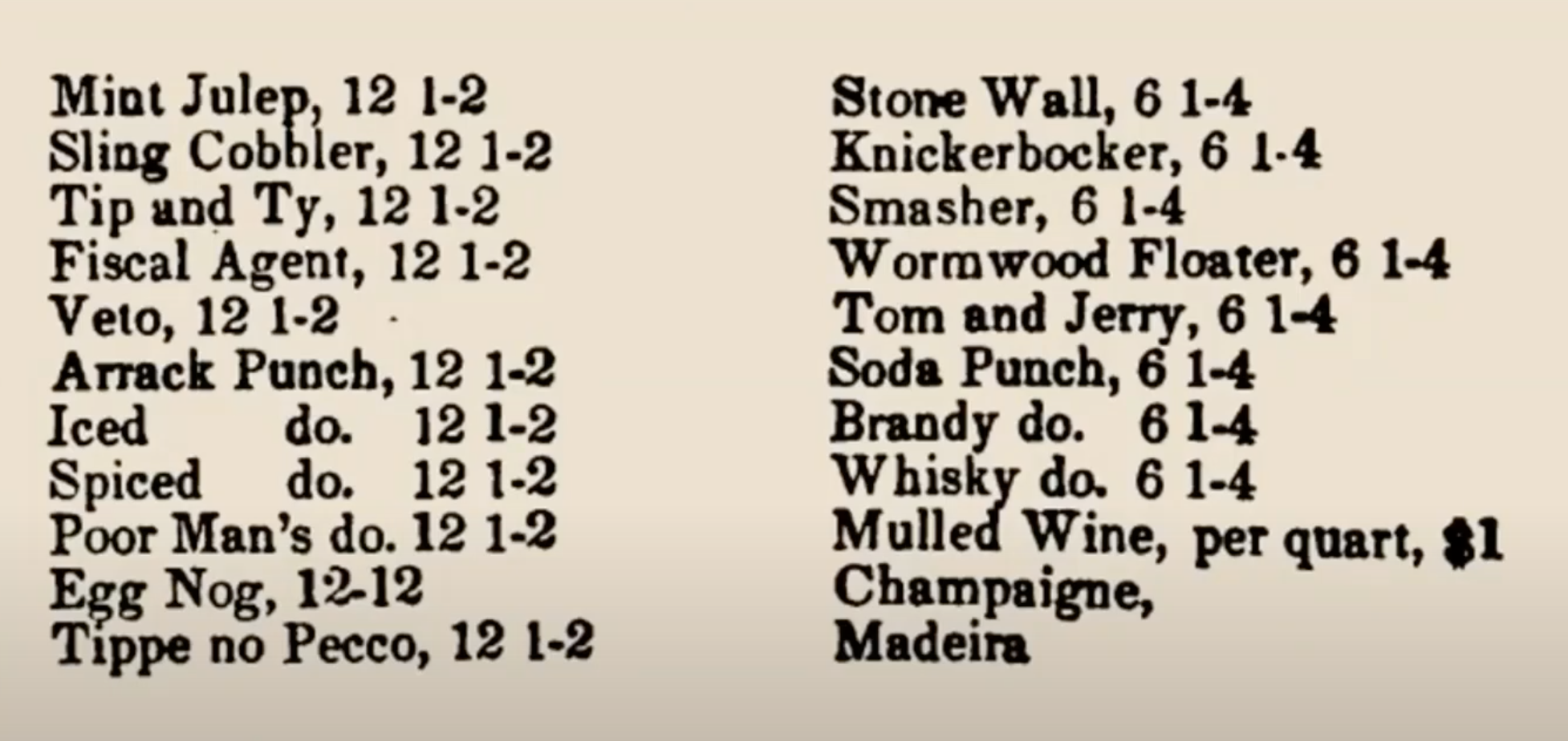 The first drink menu with cocktails - from Peter Bent Bringham's Bar