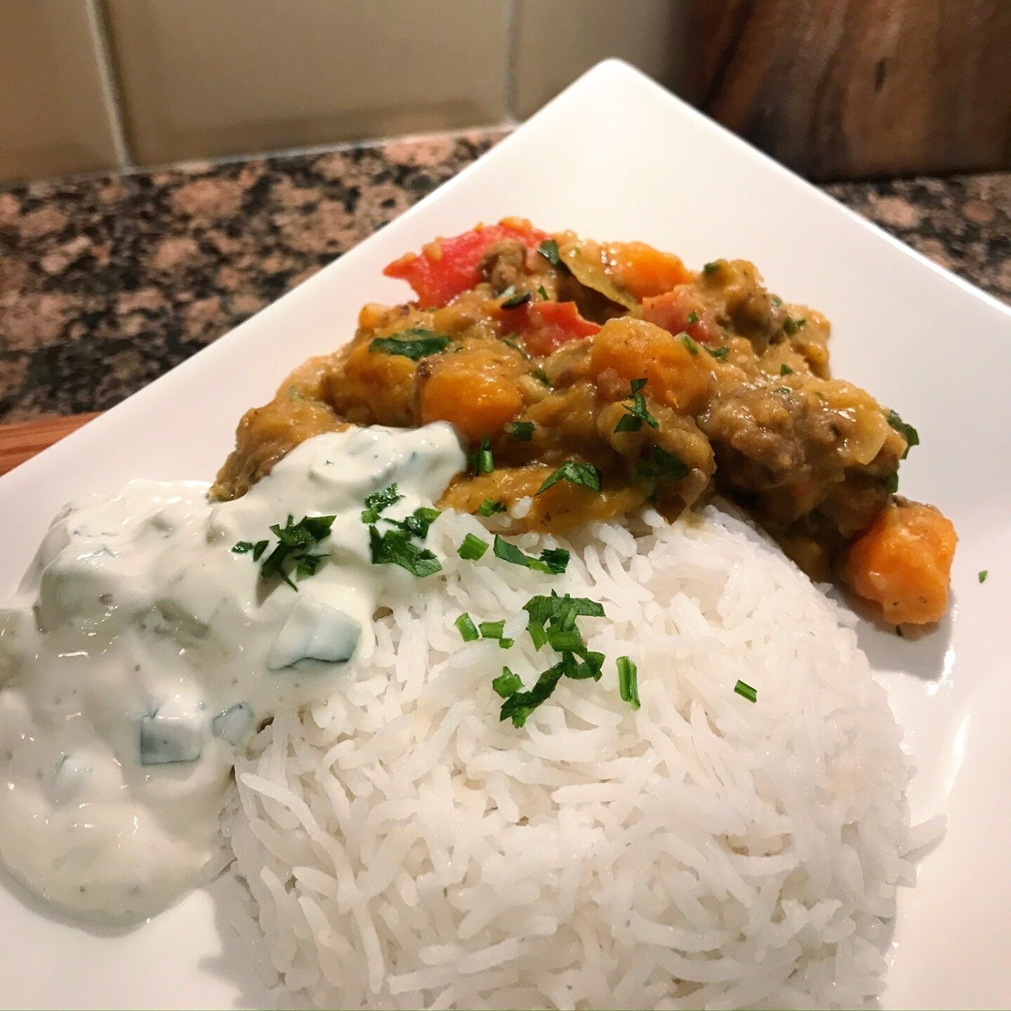 Sweet potato lentil curry, white basmati rice, and a yogurt-cucumber sauce. ⁠
.⁠
.⁠
.⁠
.⁠
.⁠
#Flexitarian #Rice #Asian #ComfortFood #Sweetpotato #weekzondervlees #Megarasa #Food #Foodporn #Makan #Enak #Lekker #Eten #Delicious #Hungry #Foodie #Foodsta