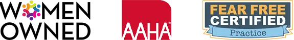 Three logos: a colorful logo with a flower design, a red logo with the text 'AHA', and a badge that says 'Fear Free Certified Practice'.