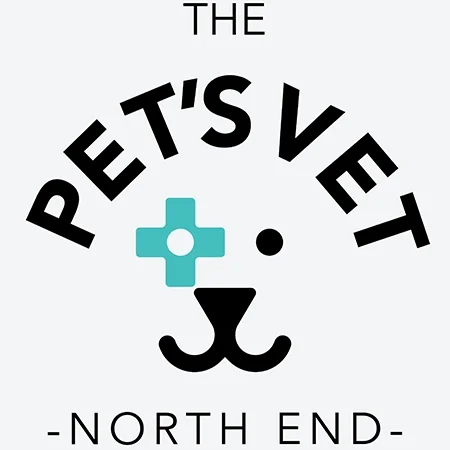 Logo for 'The Pet's Vet North End' featuring a stylized dog's nose and mouth, with a medical cross symbol in place of one eye.