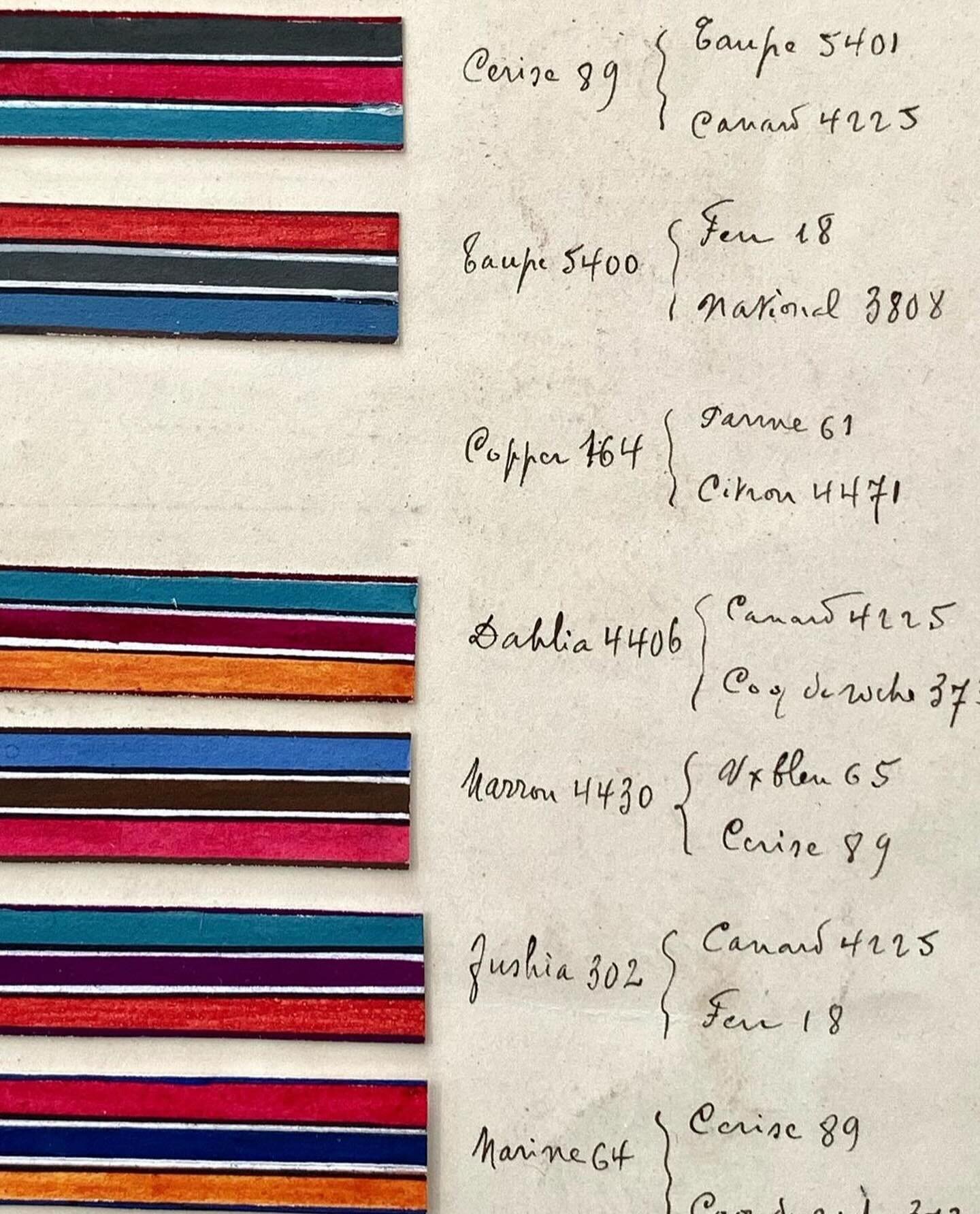 SOLD 🔴 Antique page of French hand-painted ribbon designs with handwritten references. 

#antiqueribbon #stripes #frenchribbon #stripedpattern #pattern #colouredstripes #artwork #colourway #designinspiration #ribboninspiration #antiquetextiles #anti