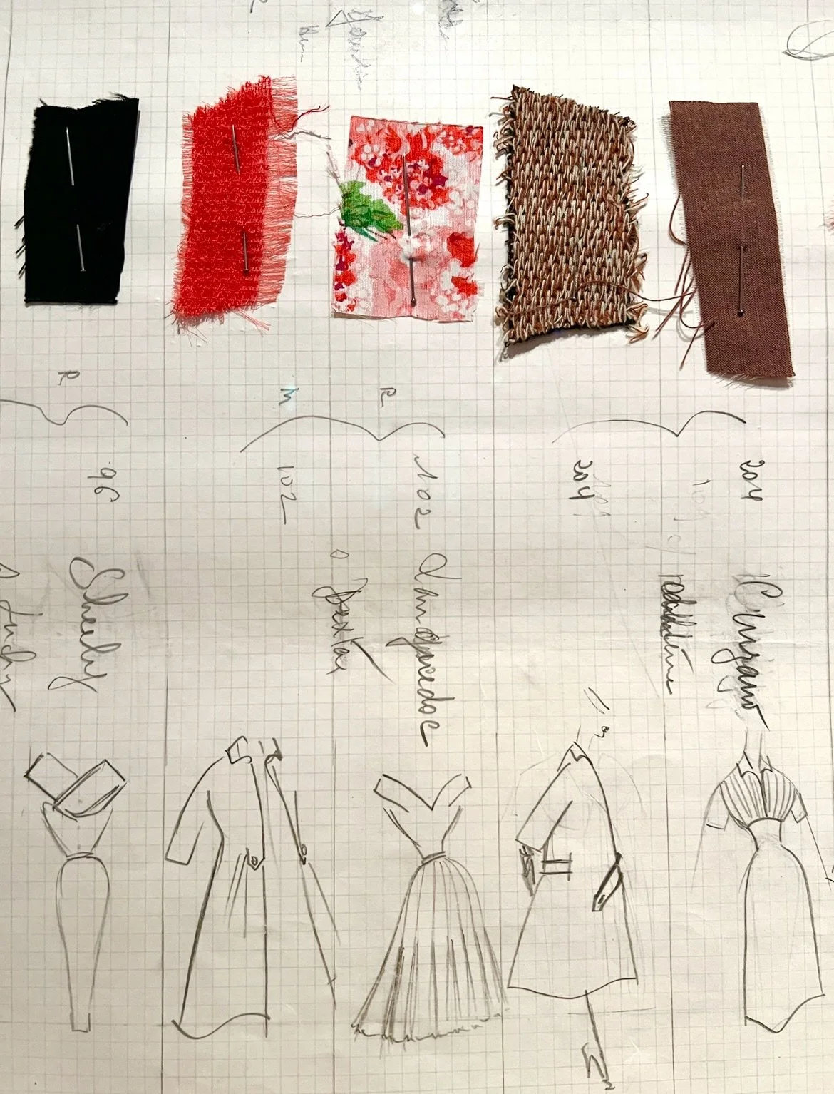 Pages from Christian Dior&rsquo;s 1952 collection.
These pencil sketches and samples of fabric gave Dior an overview of the collection - names of each garment, the ateliers who supervised their creation and the models who wore them for the shows were